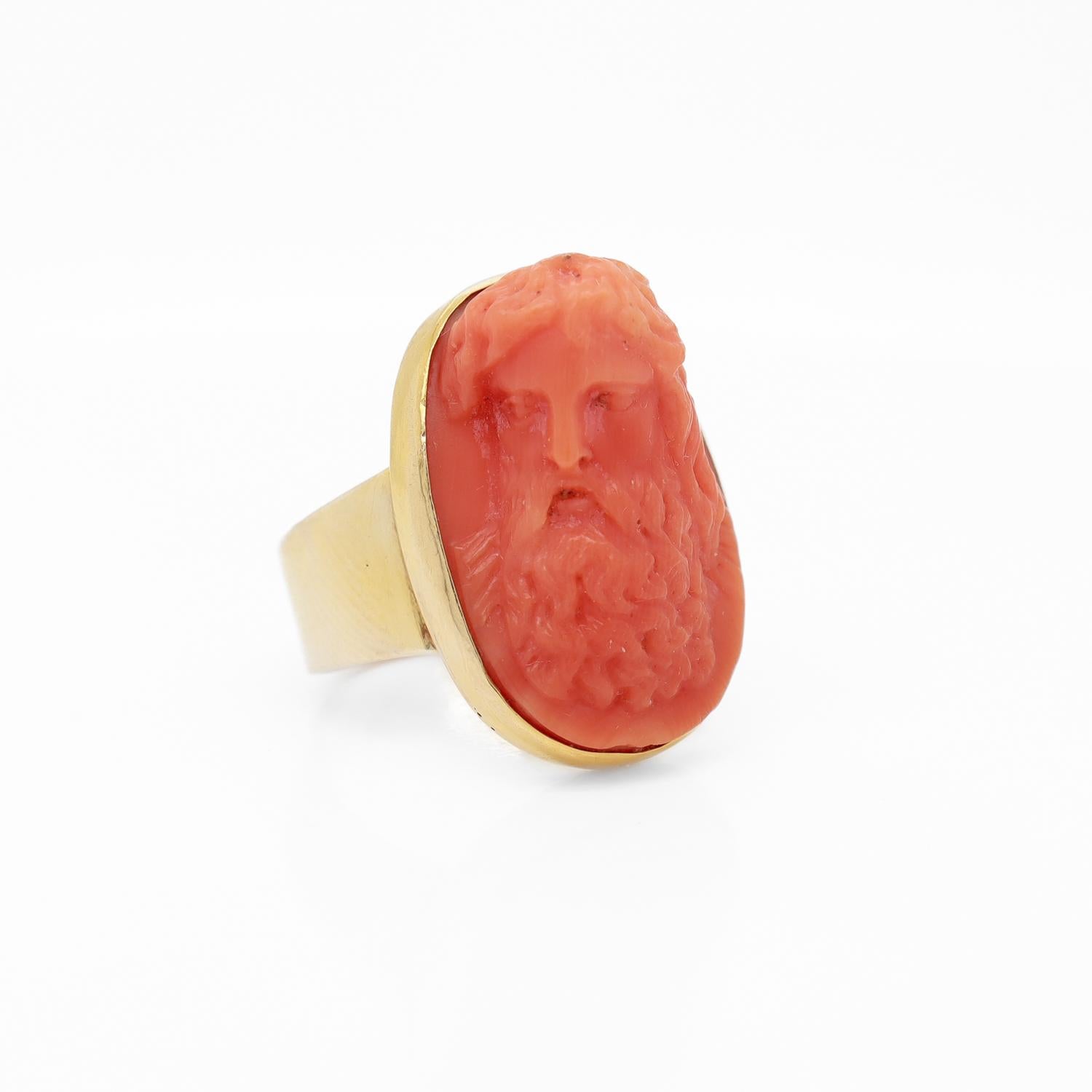 Round Cut Antique Carved Coral Cameo & 14K Gold Mounted Signet Style Ring For Sale