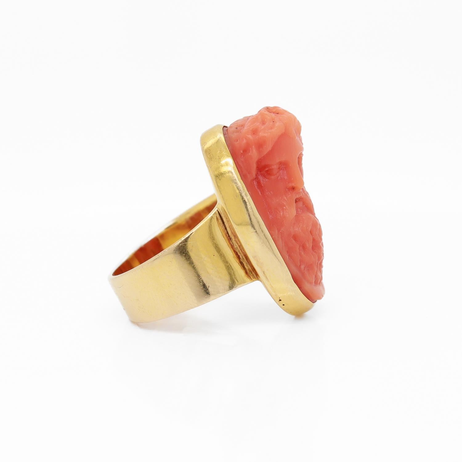 Antique Carved Coral Cameo & 14K Gold Mounted Signet Style Ring In Good Condition For Sale In Philadelphia, PA