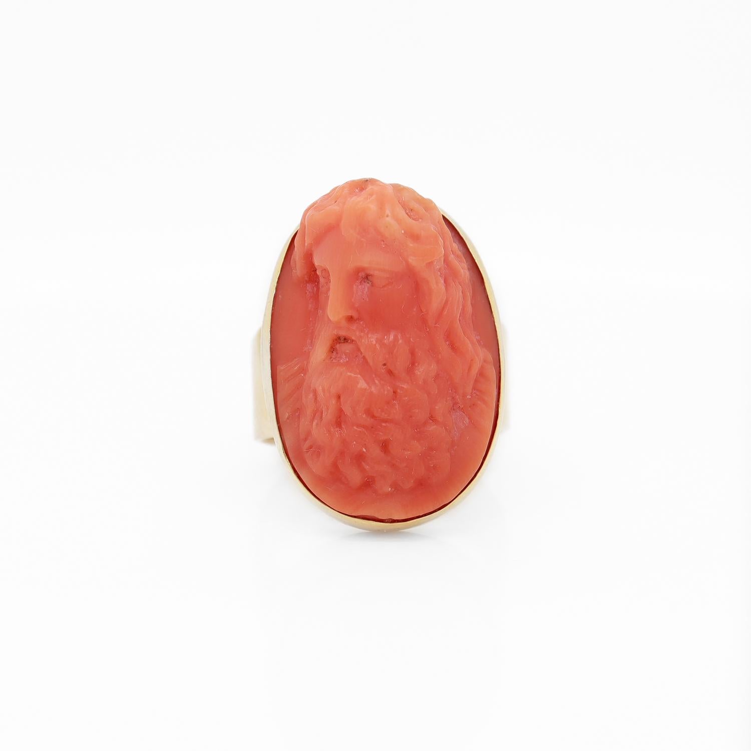 Women's or Men's Antique Carved Coral Cameo & 14K Gold Mounted Signet Style Ring For Sale