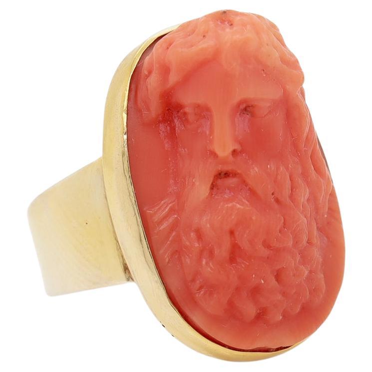 Antique Carved Coral Cameo & 14K Gold Mounted Signet Style Ring