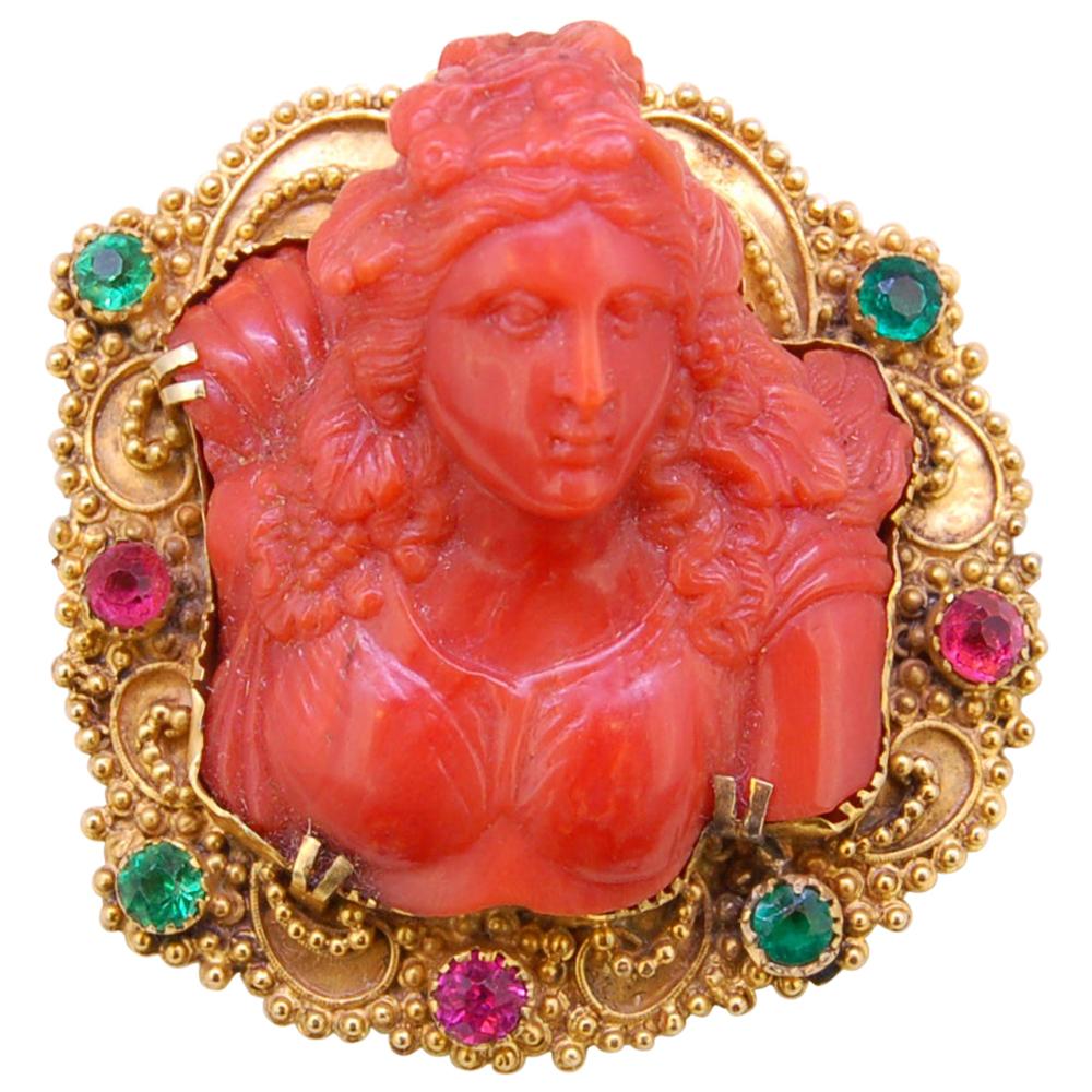 Antique Carved Coral Cameo Brooch For Sale