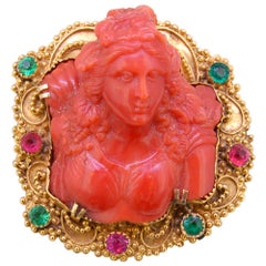 Antique Carved Coral Cameo Brooch