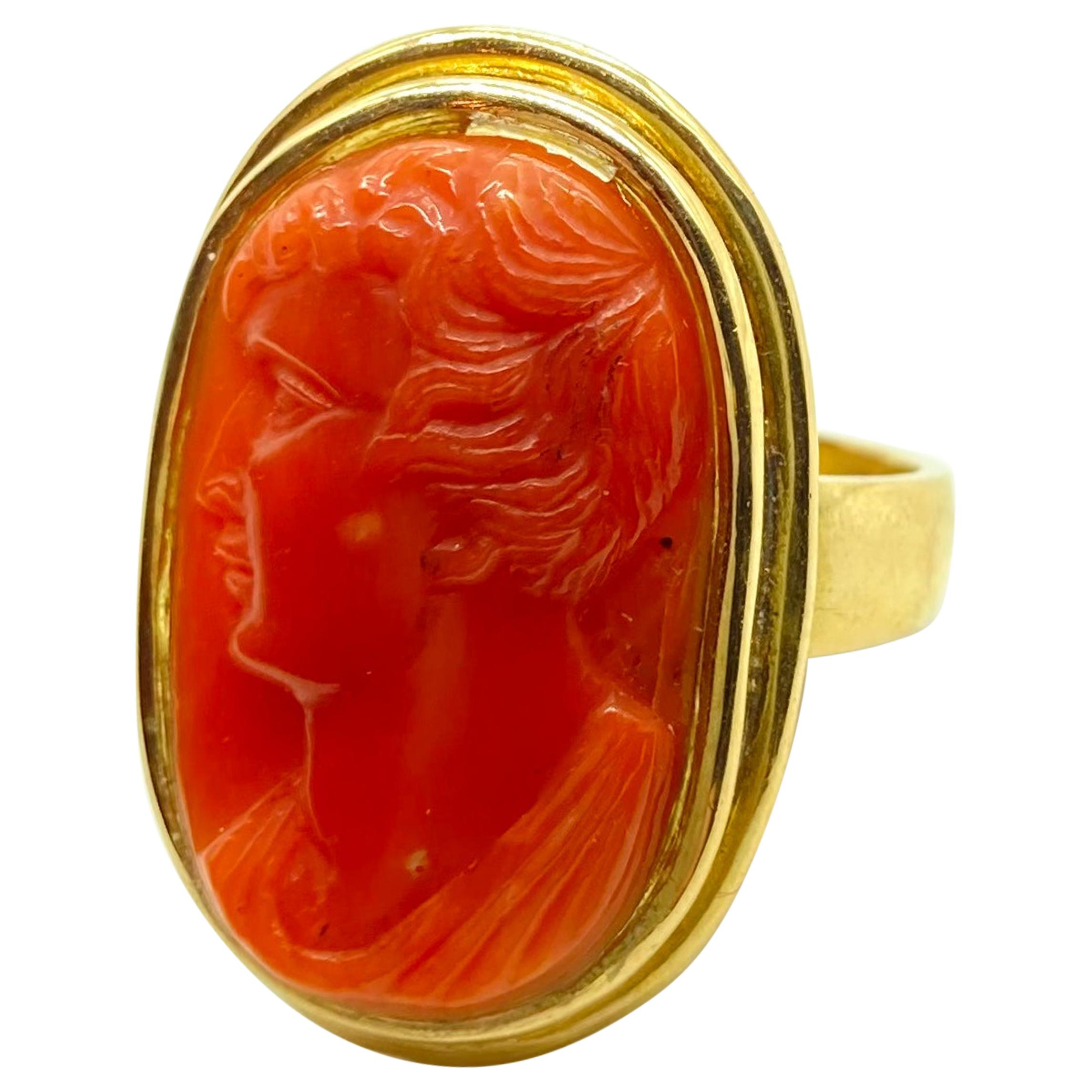 Antique Carved Coral Cameo Yellow Gold Ring For Sale