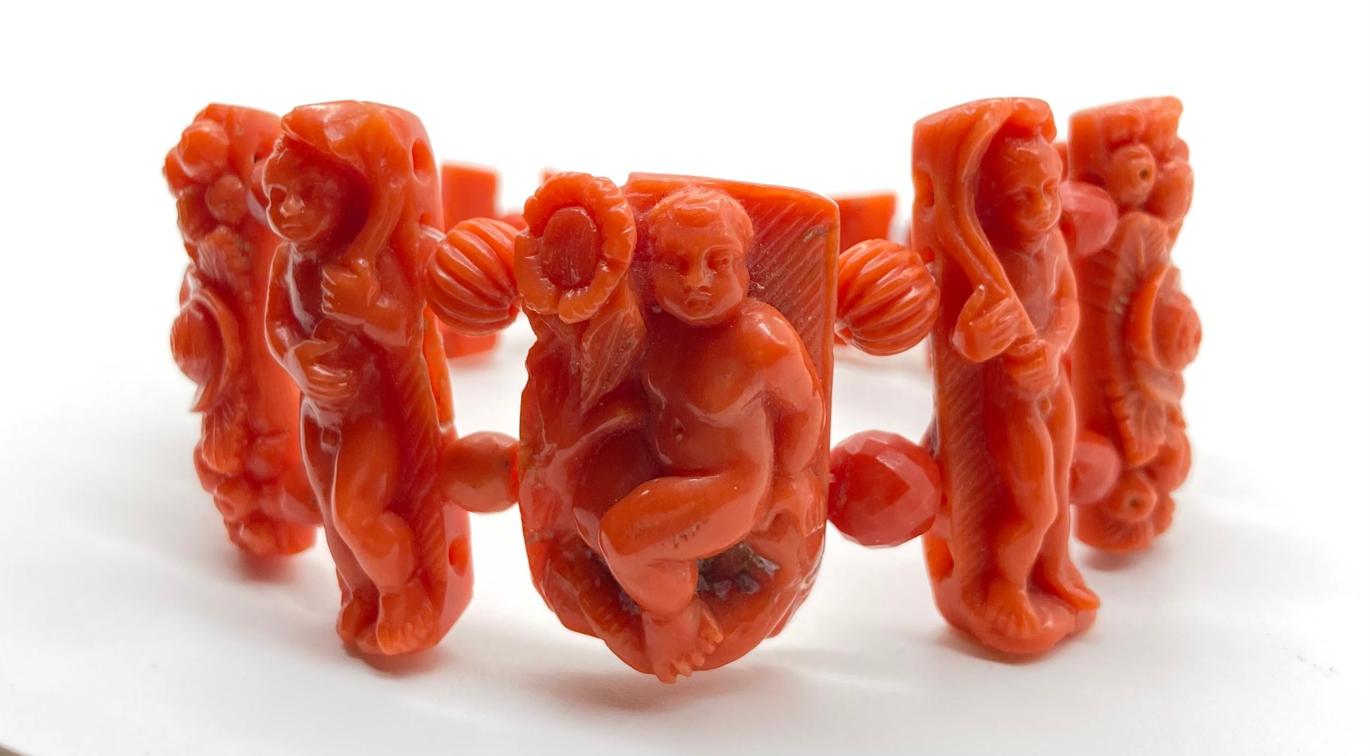 Antique Carved Coral Cherub Bracelet In Fair Condition In New York, NY