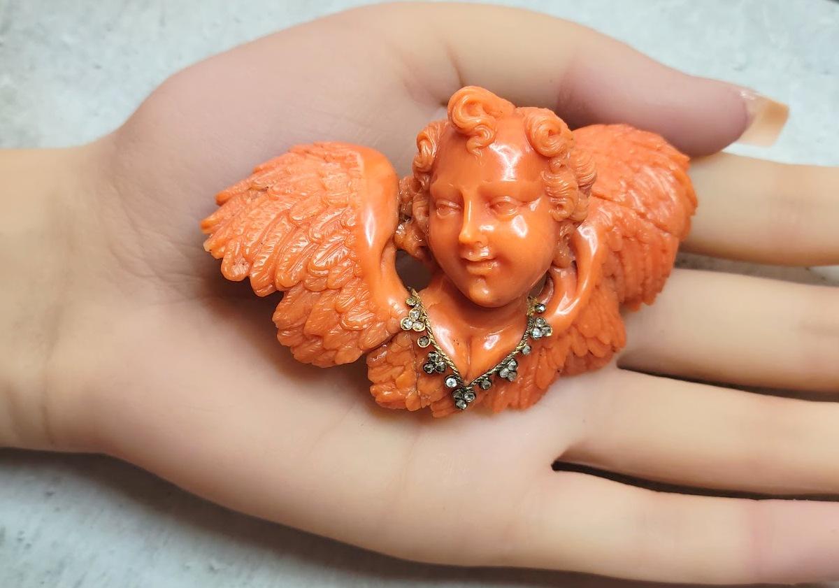 Women's or Men's Antique Carved Coral Sciacca, Gold, and Diamond Cherub Brooch For Sale