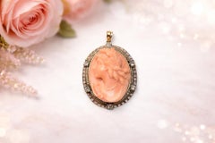 Antique Carved Coral Gold Cameo with Pearl and Diamonds