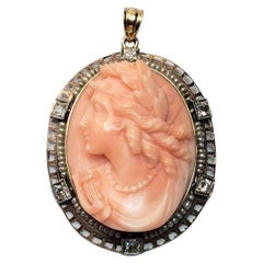 Antique Carved Coral Gold Cameo with Pearl and Diamonds