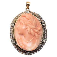 Antique Carved Coral Gold Cameo with Pearl and Diamonds