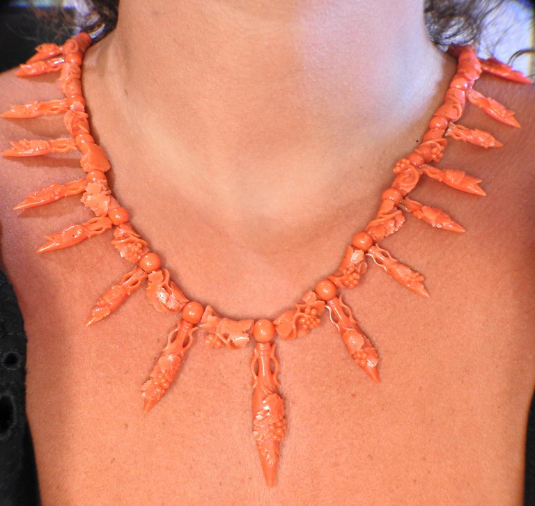 Antique Carved Coral Gold Necklace For Sale at 1stDibs