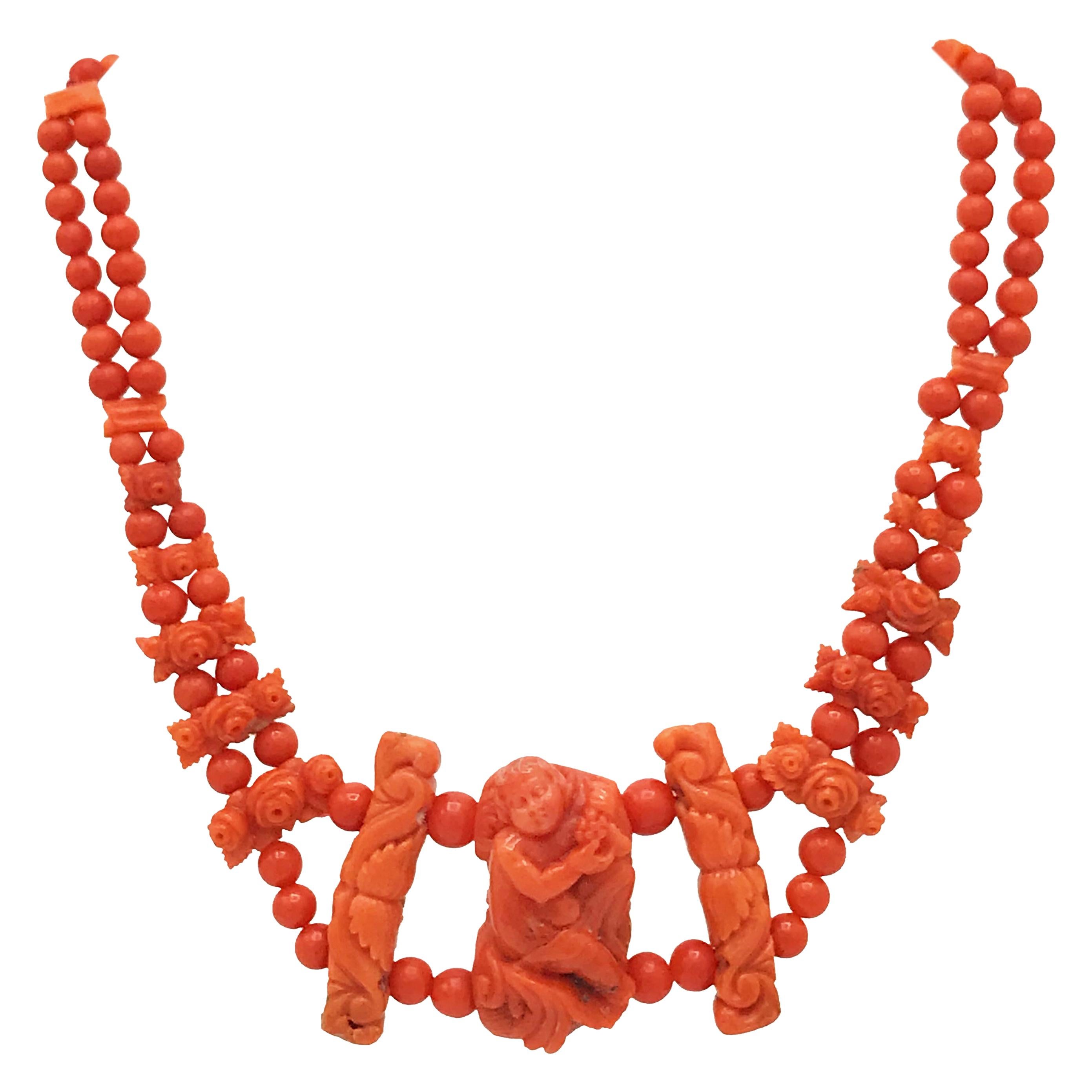 Antique Carved Coral Necklace For Sale