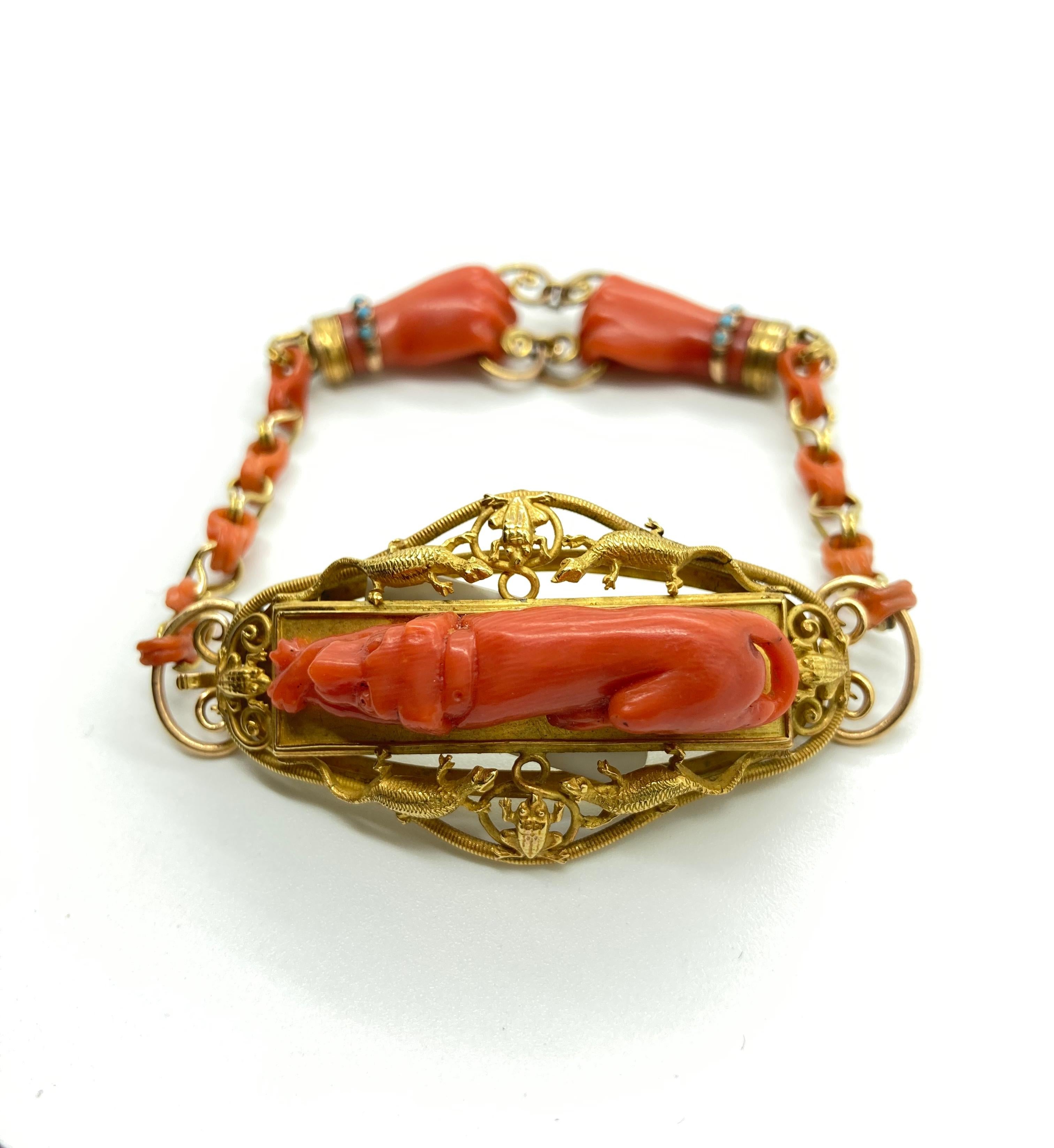Mixed Cut Antique Carved Coral Yellow Gold Hunting Bracelet For Sale