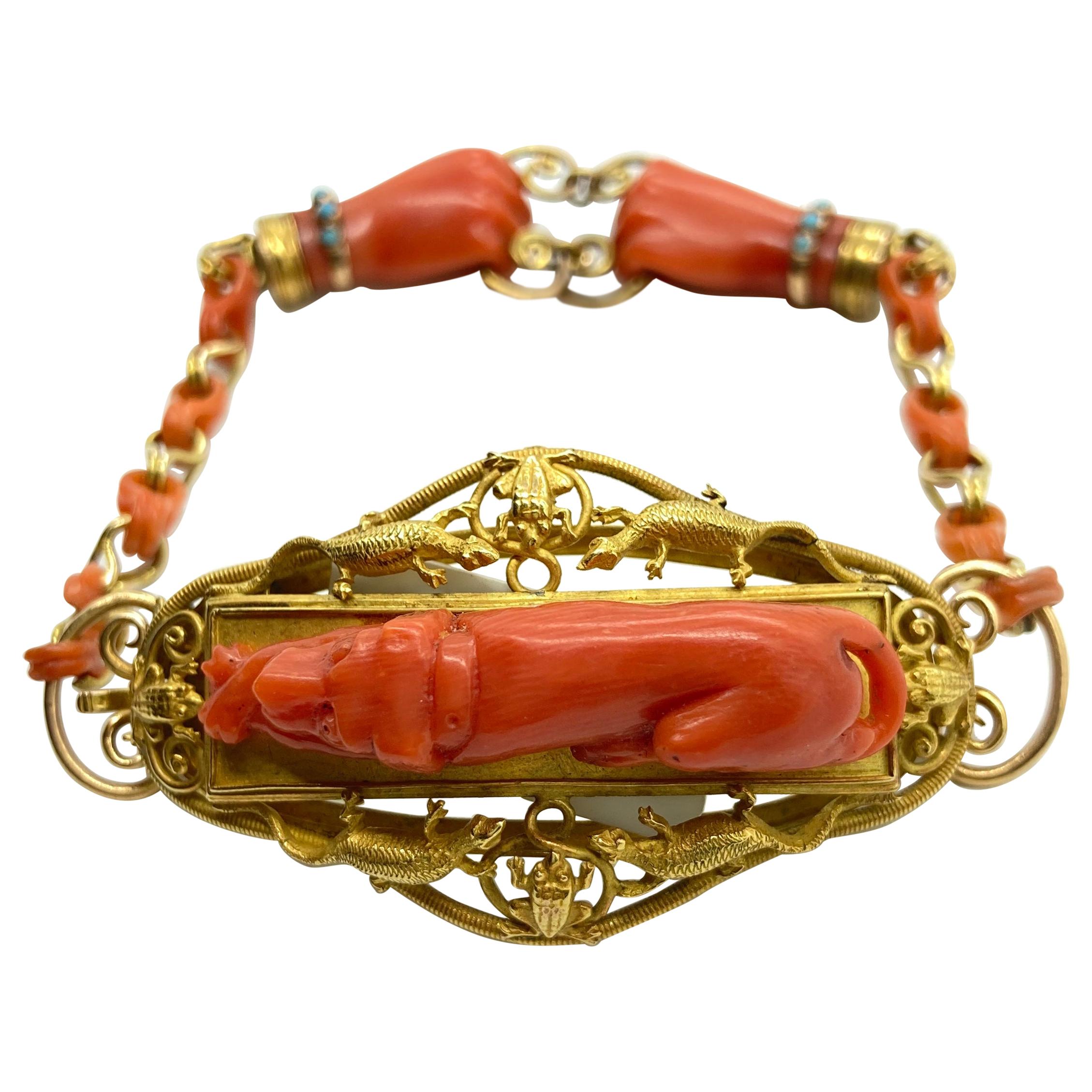 Antique Carved Coral Yellow Gold Hunting Bracelet For Sale