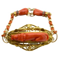 Antique Carved Coral Yellow Gold Hunting Bracelet