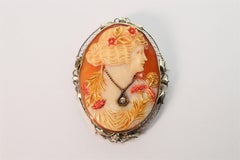 Antique Carved Cornelian Shell Cameo Brooch with Diamond Accent