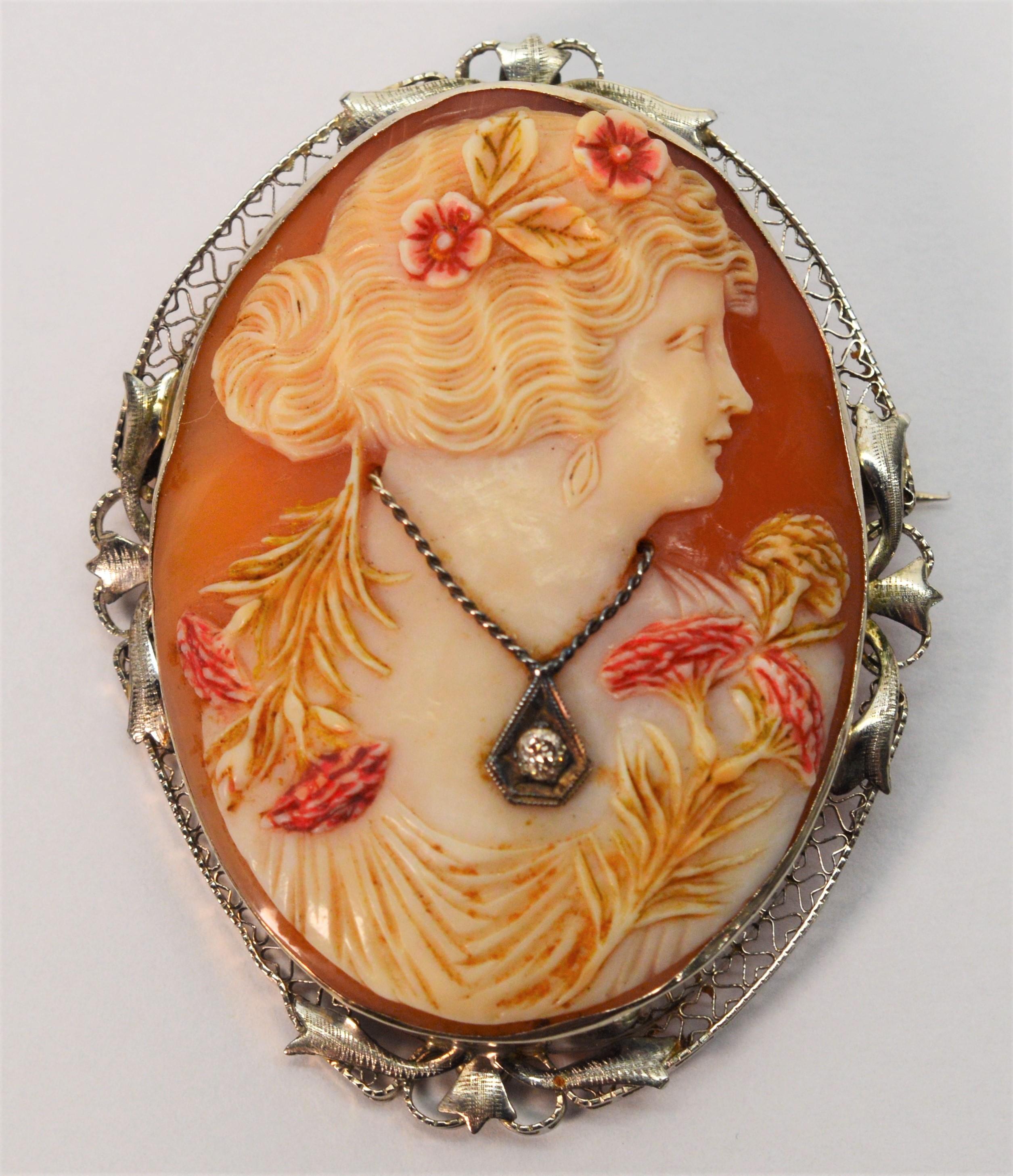Antique Carved Cornelian Shell Cameo Brooch with Diamond Accent In Good Condition In Mount Kisco, NY