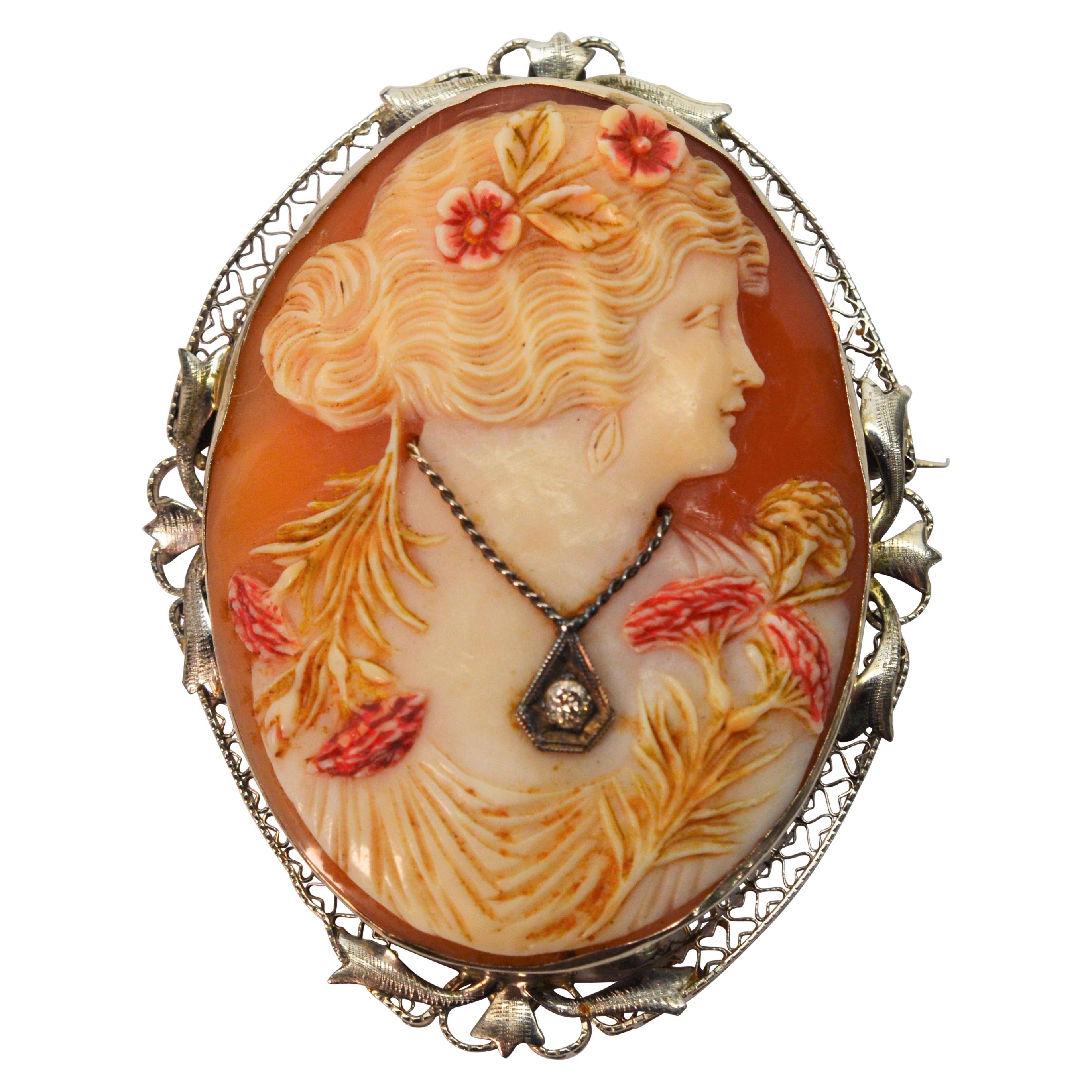 Antique Carved Cornelian Shell Cameo Brooch with Diamond Accent
