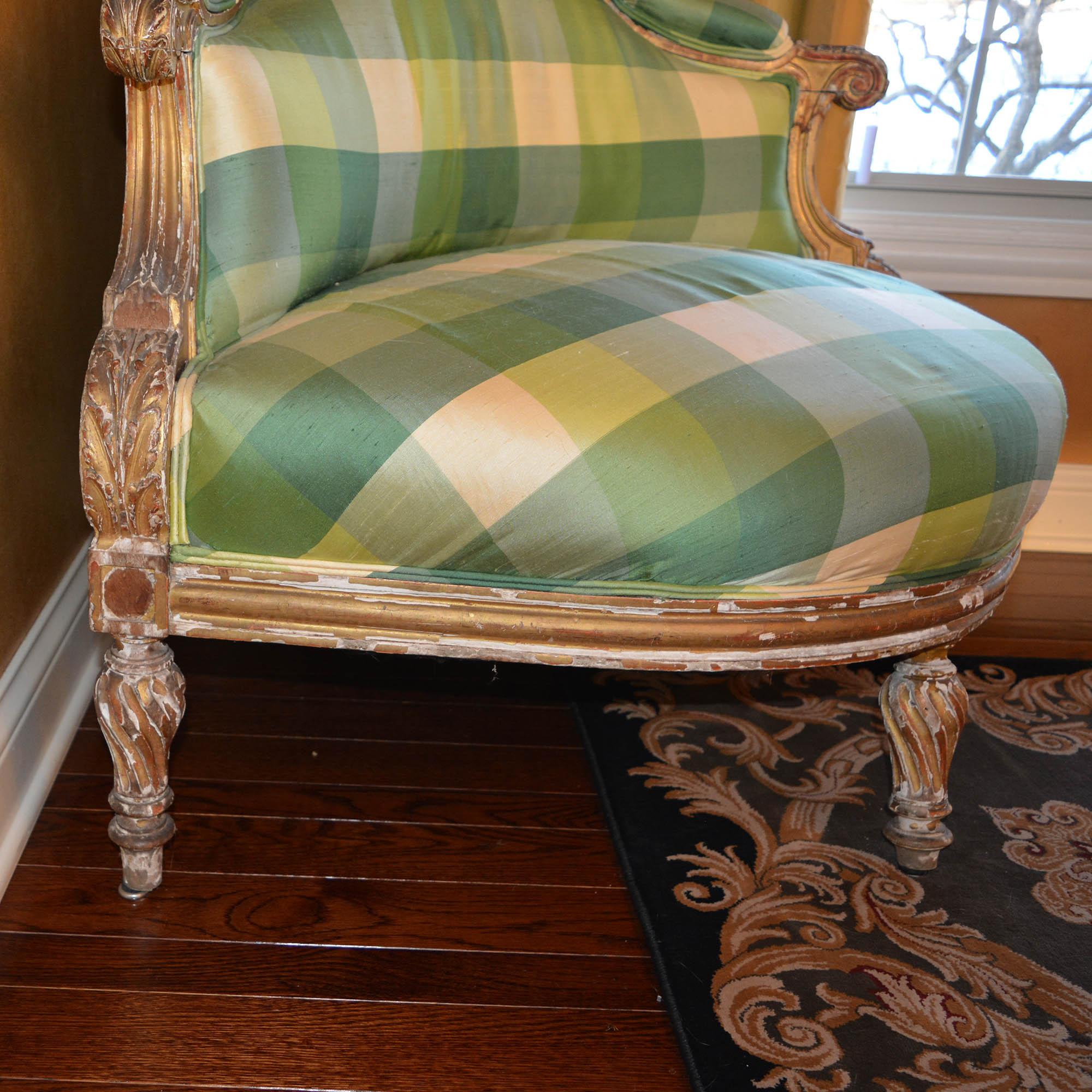 Antique Carved Corner Chair Silk Plaid Upholstery For Sale 6