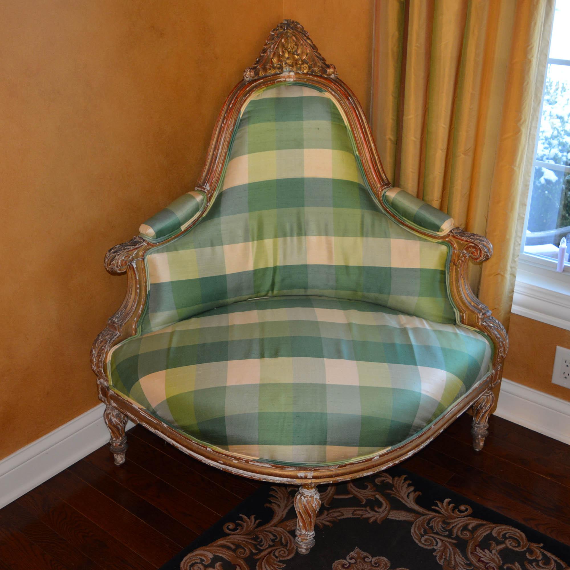 Antique Carved Corner Chair Silk Plaid Upholstery For Sale 7