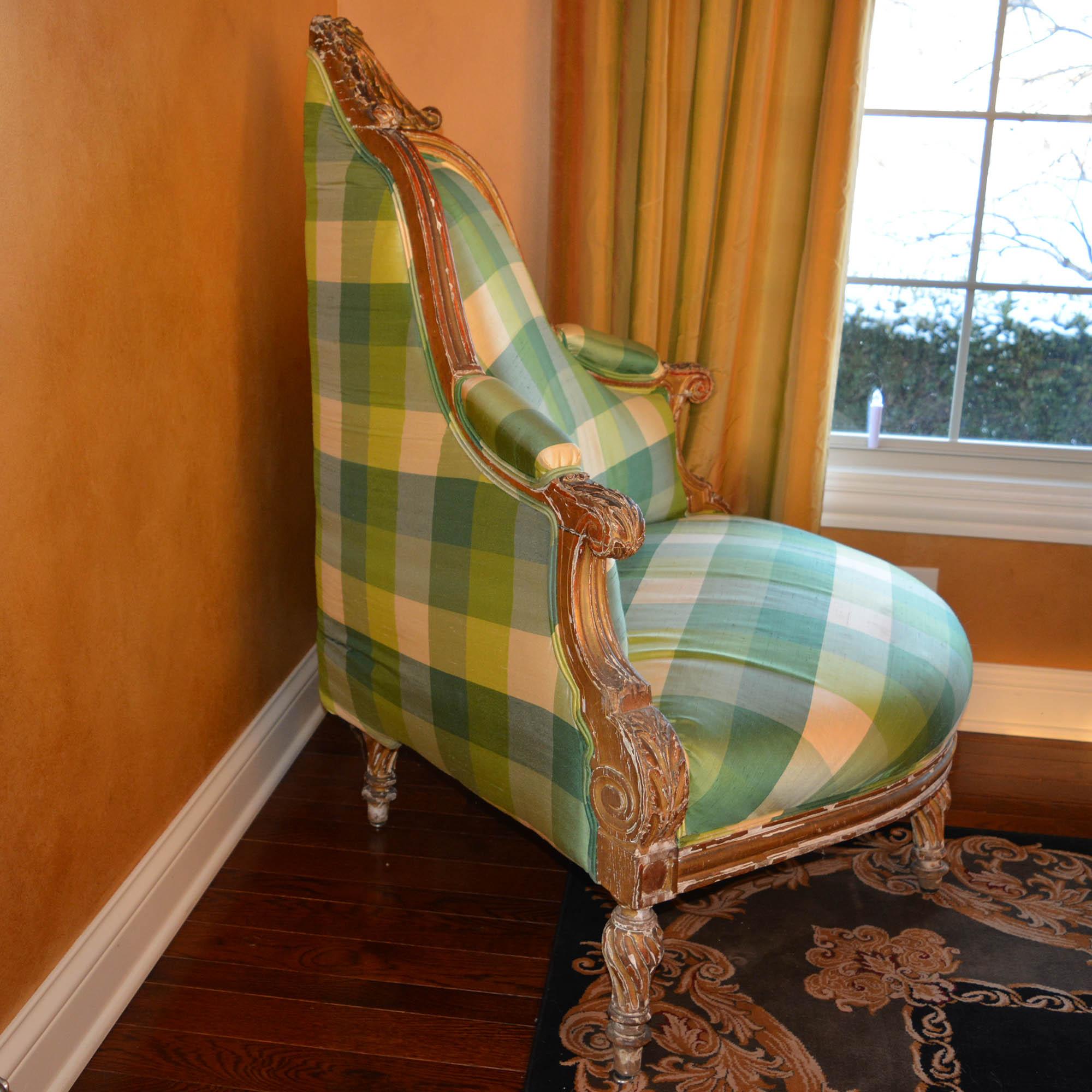 Antique Carved Corner Chair Silk Plaid Upholstery For Sale 9