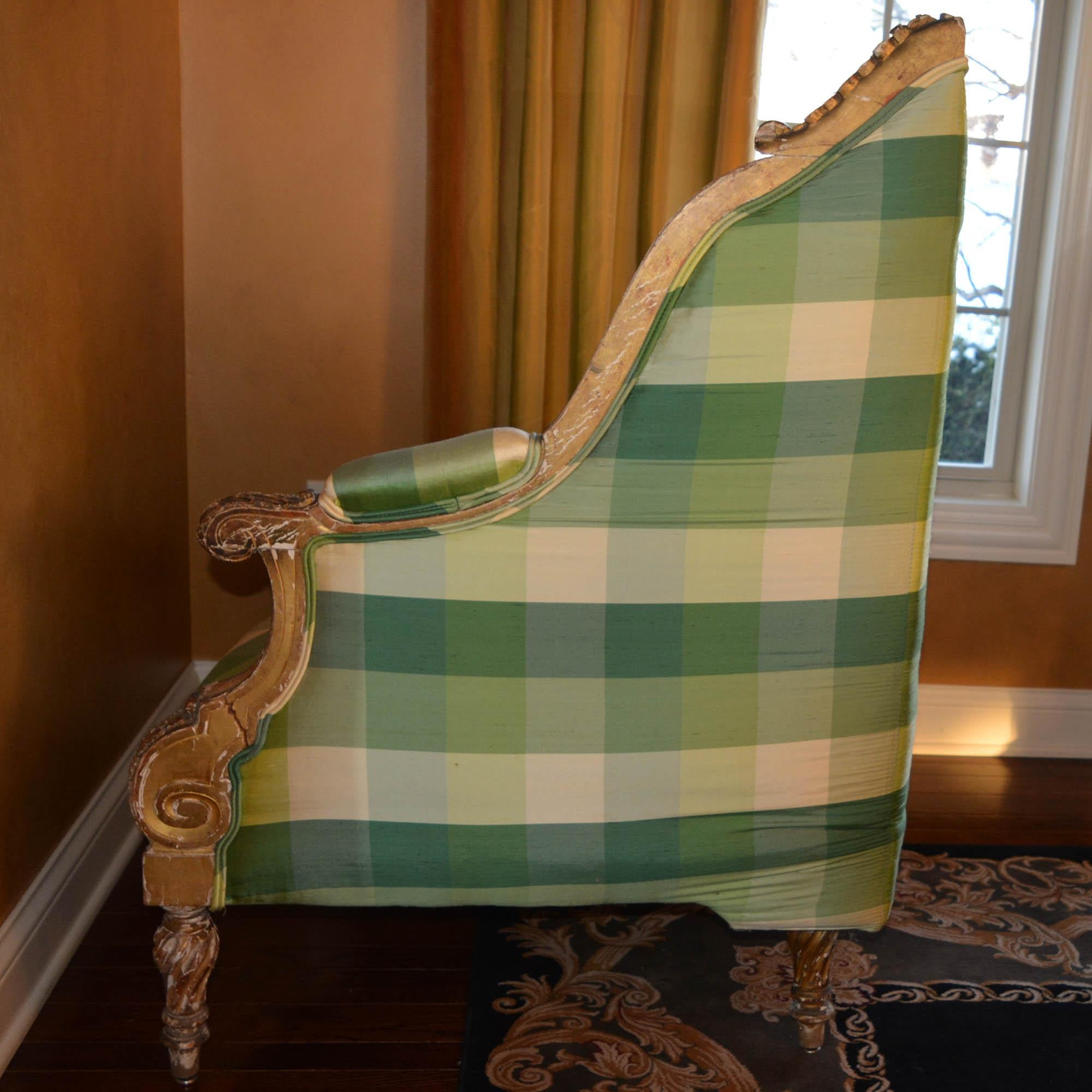 Antique Carved Corner Chair Silk Plaid Upholstery For Sale 10