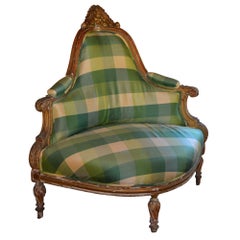 Antique Carved Corner Chair Silk Plaid Upholstery