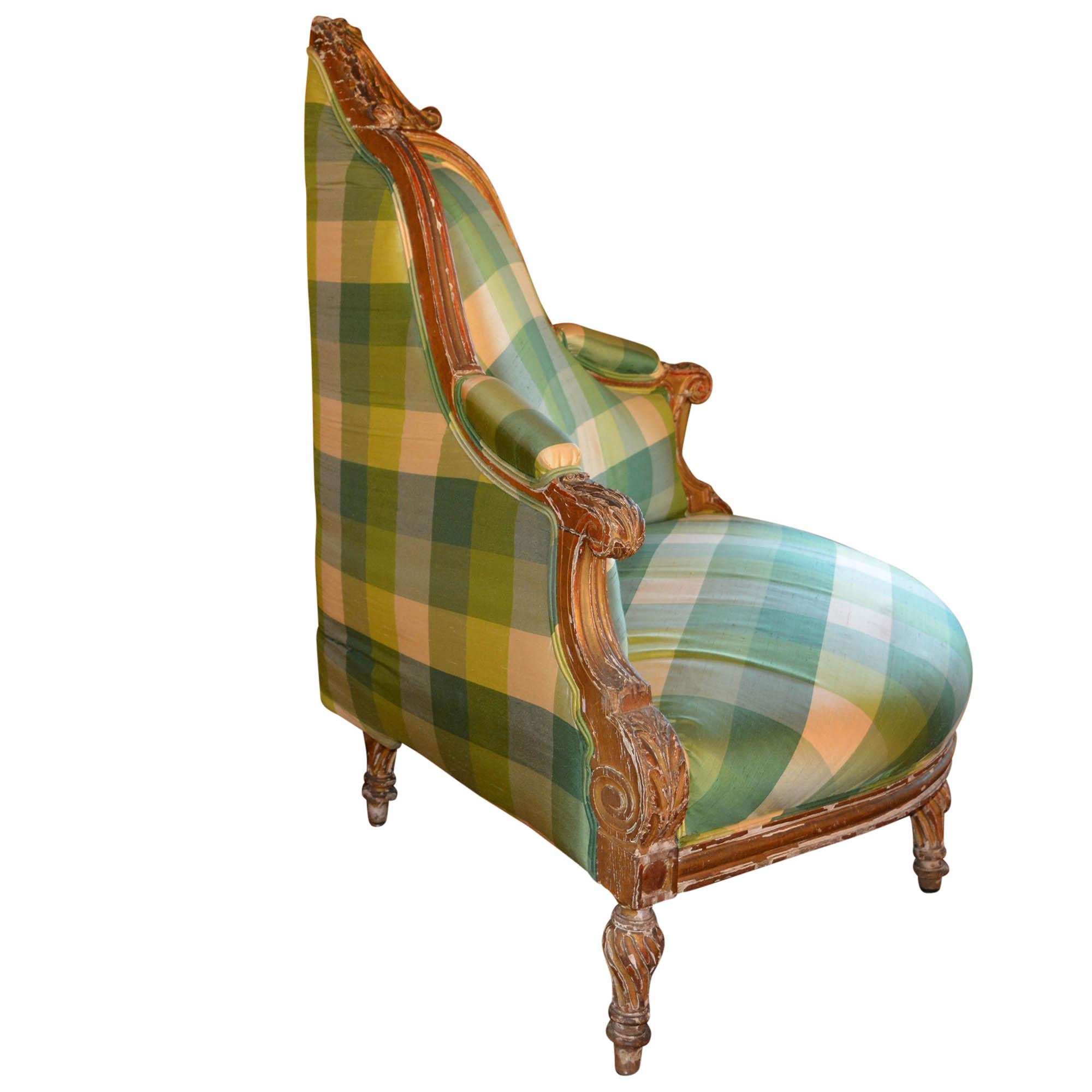 Rococo Antique Carved Corner Chair Silk Plaid Upholstery For Sale