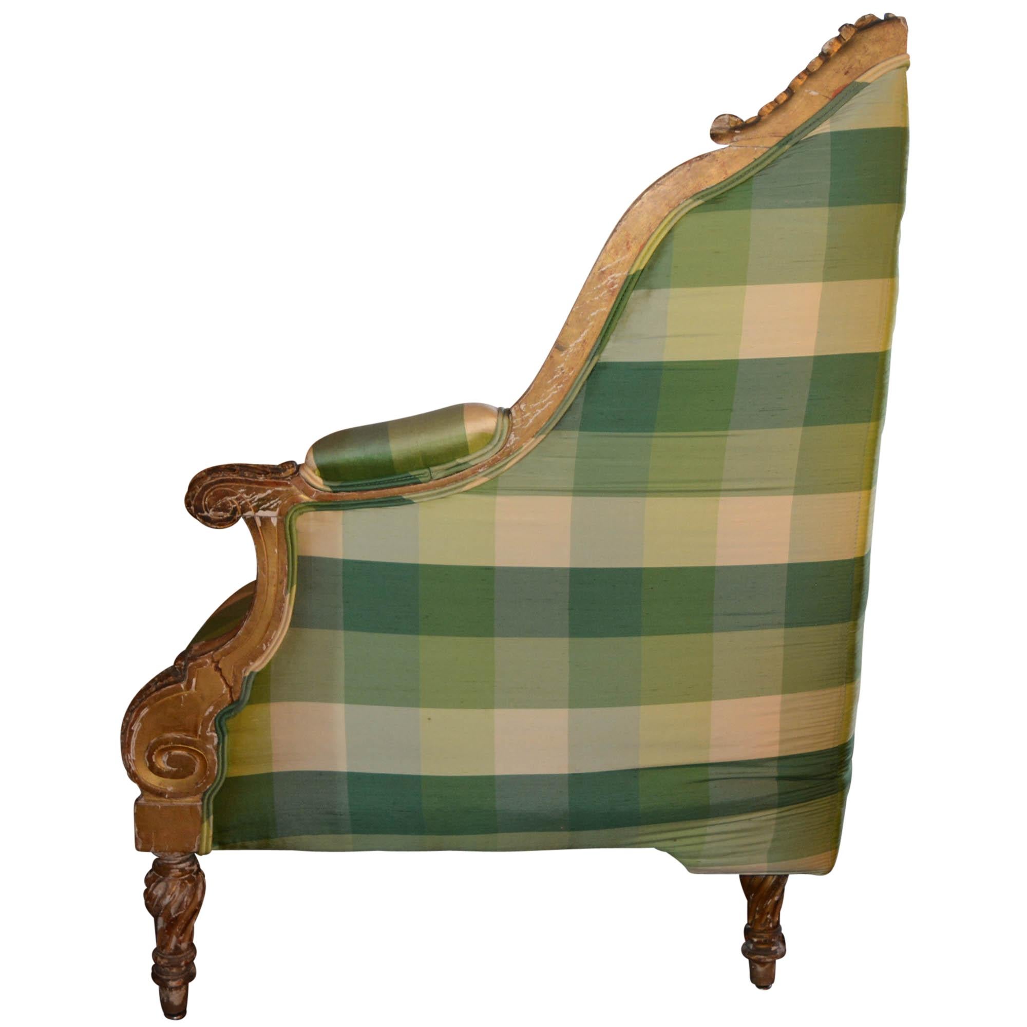 Antique Carved Corner Chair Silk Plaid Upholstery In Distressed Condition For Sale In Pataskala, OH