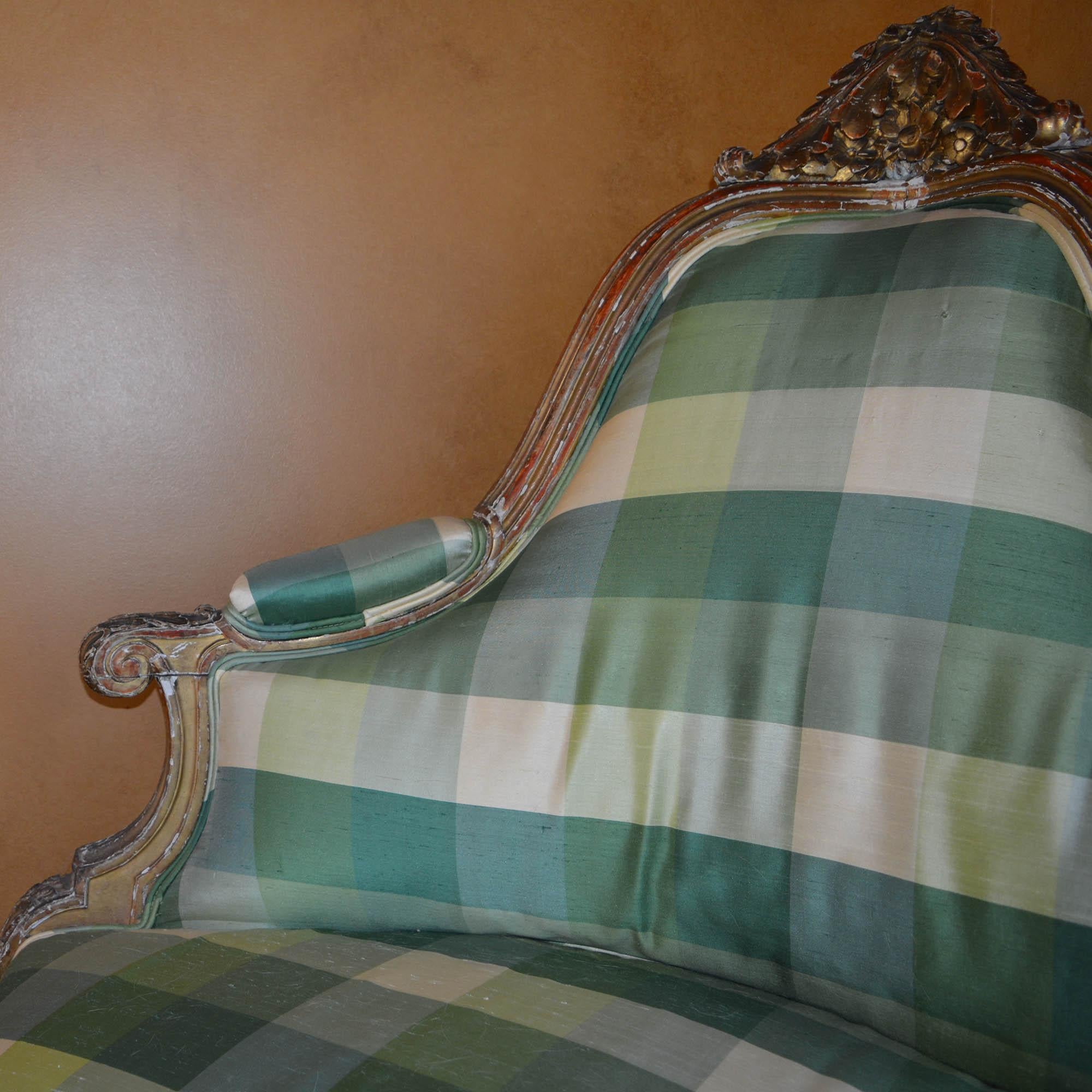 Antique Carved Corner Chair Silk Plaid Upholstery For Sale 2