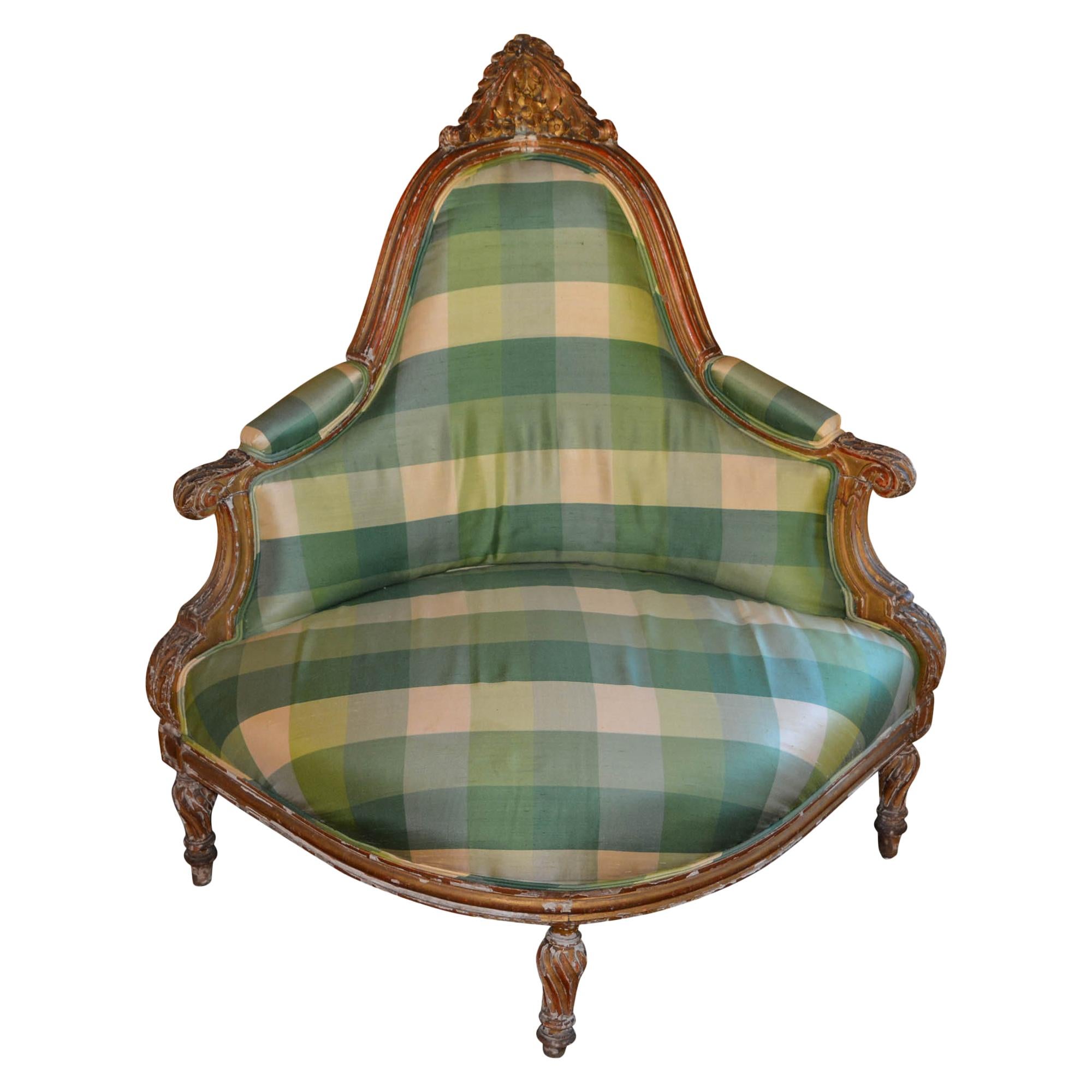 Antique Carved Corner Chair Silk Plaid Upholstery For Sale