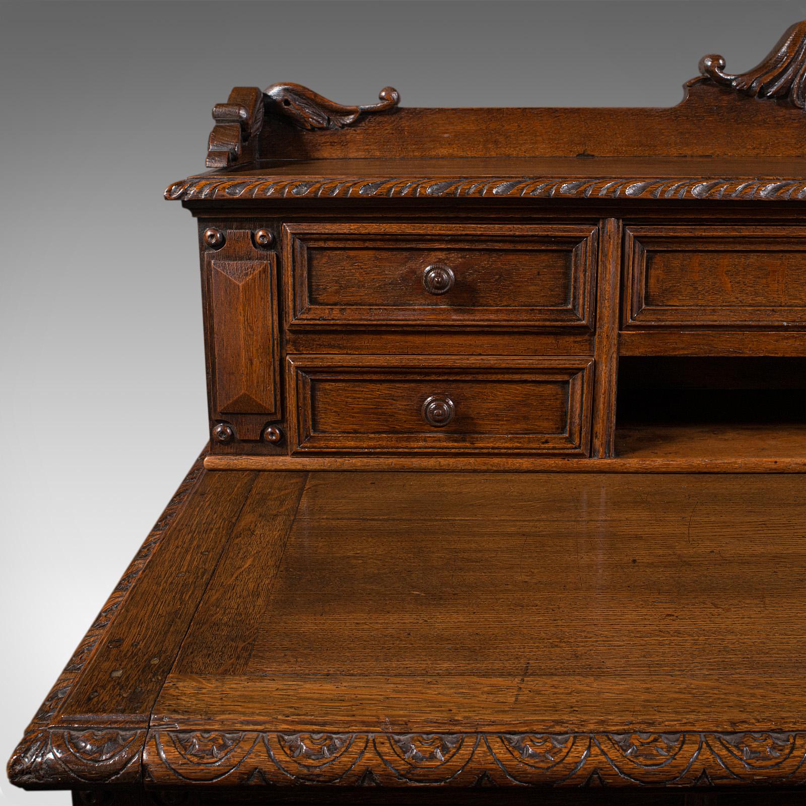 Antique Carved Correspondence Desk, Scottish Oak, Writing Table, Early Victorian For Sale 3