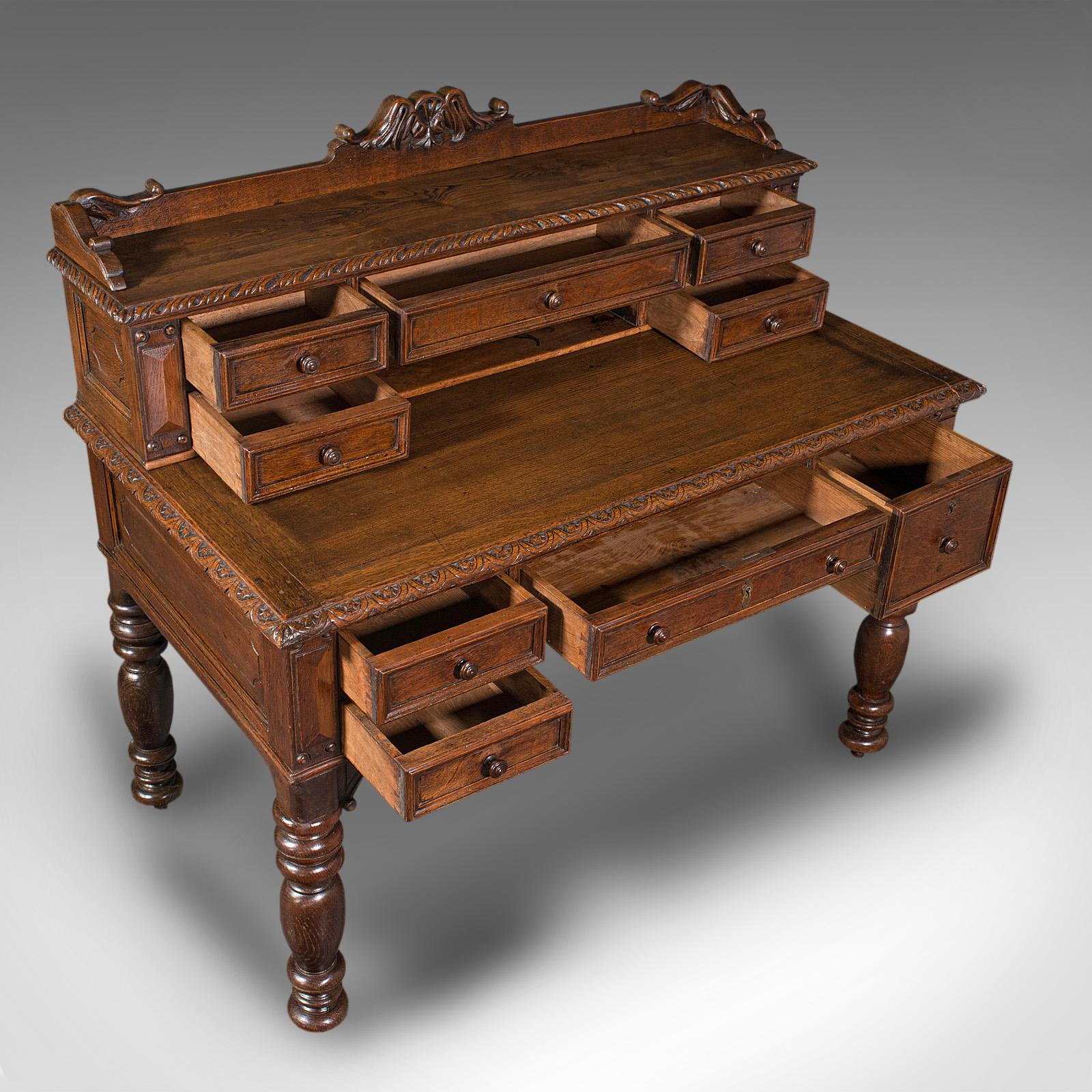 19th Century Antique Carved Correspondence Desk, Scottish Oak, Writing Table, Early Victorian For Sale