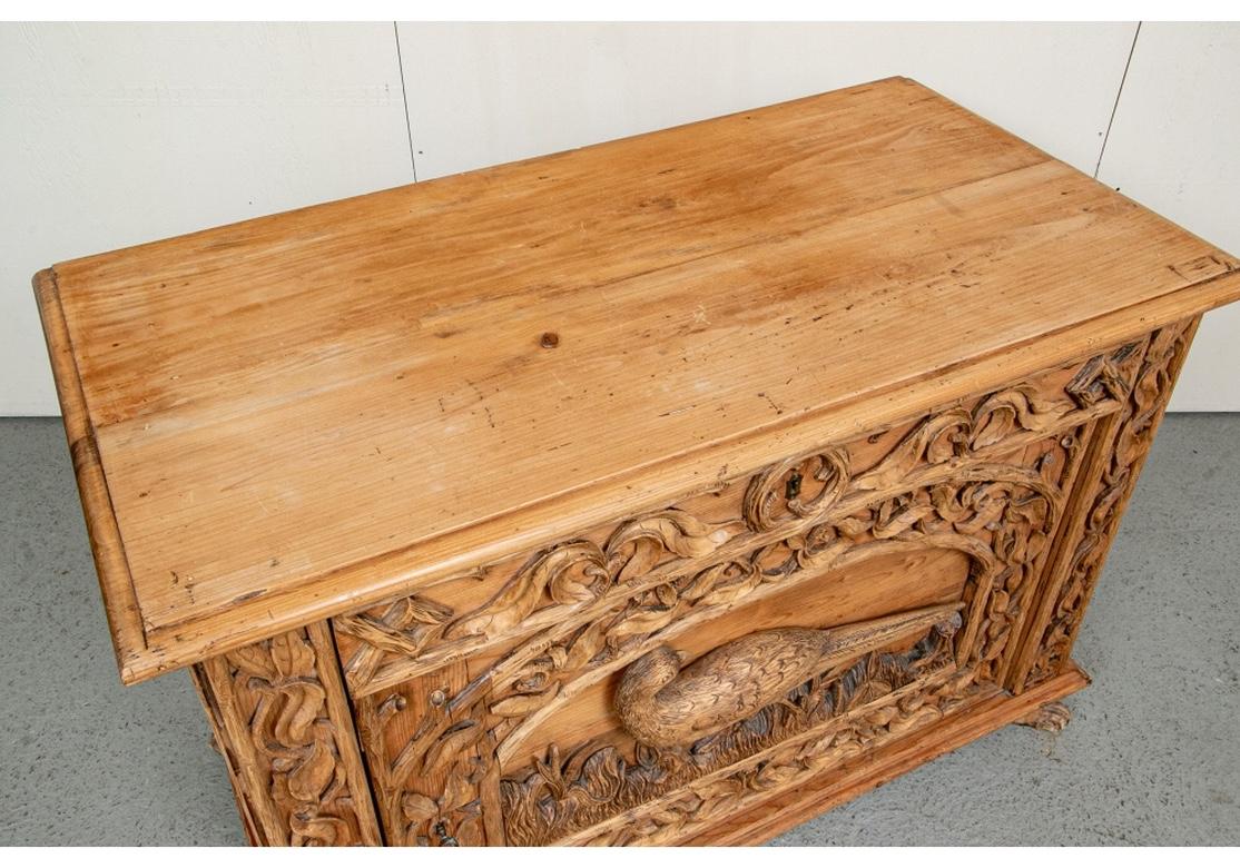 Hand-Carved Antique Carved Country Pine Cabinet with Pheasant Motif