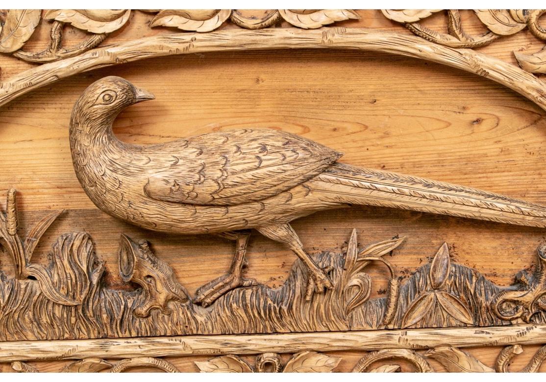 Antique Carved Country Pine Cabinet with Pheasant Motif In Distressed Condition In Bridgeport, CT