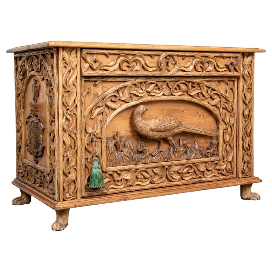Antique Carved Country Pine Cabinet with Pheasant Motif