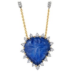 Antique Carved Crucifix Natural Burma Sapphire Diamond Gold Platinum Necklace