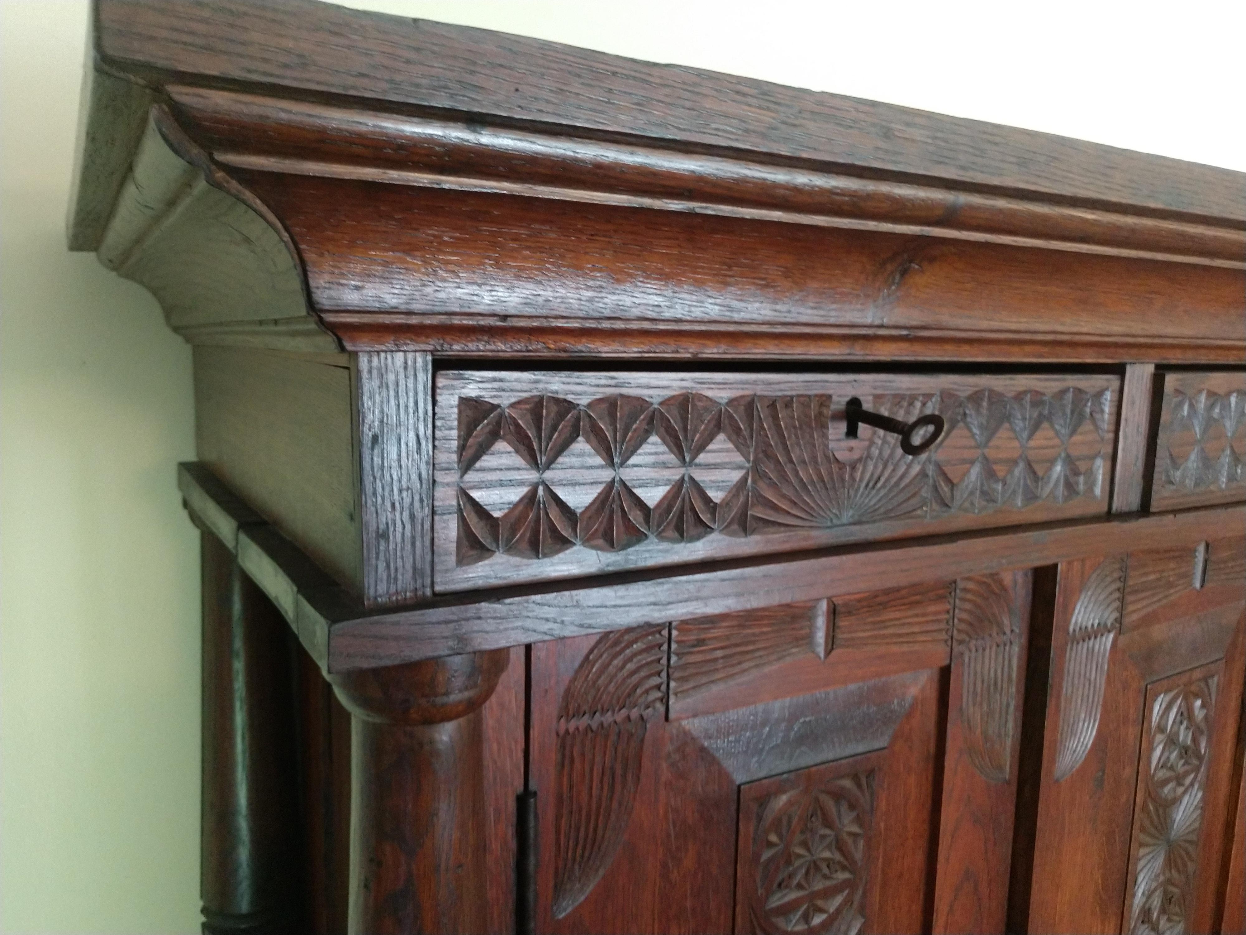 Antique 19th C Hand Carved Danish Oak Step Back Cupboard For Sale 2