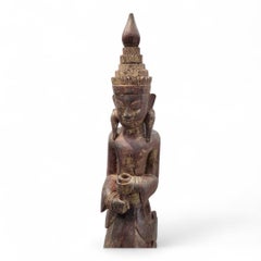 Antique Carved Dark Brown Lacquered Burmese Monastic Attendants - Set of 2