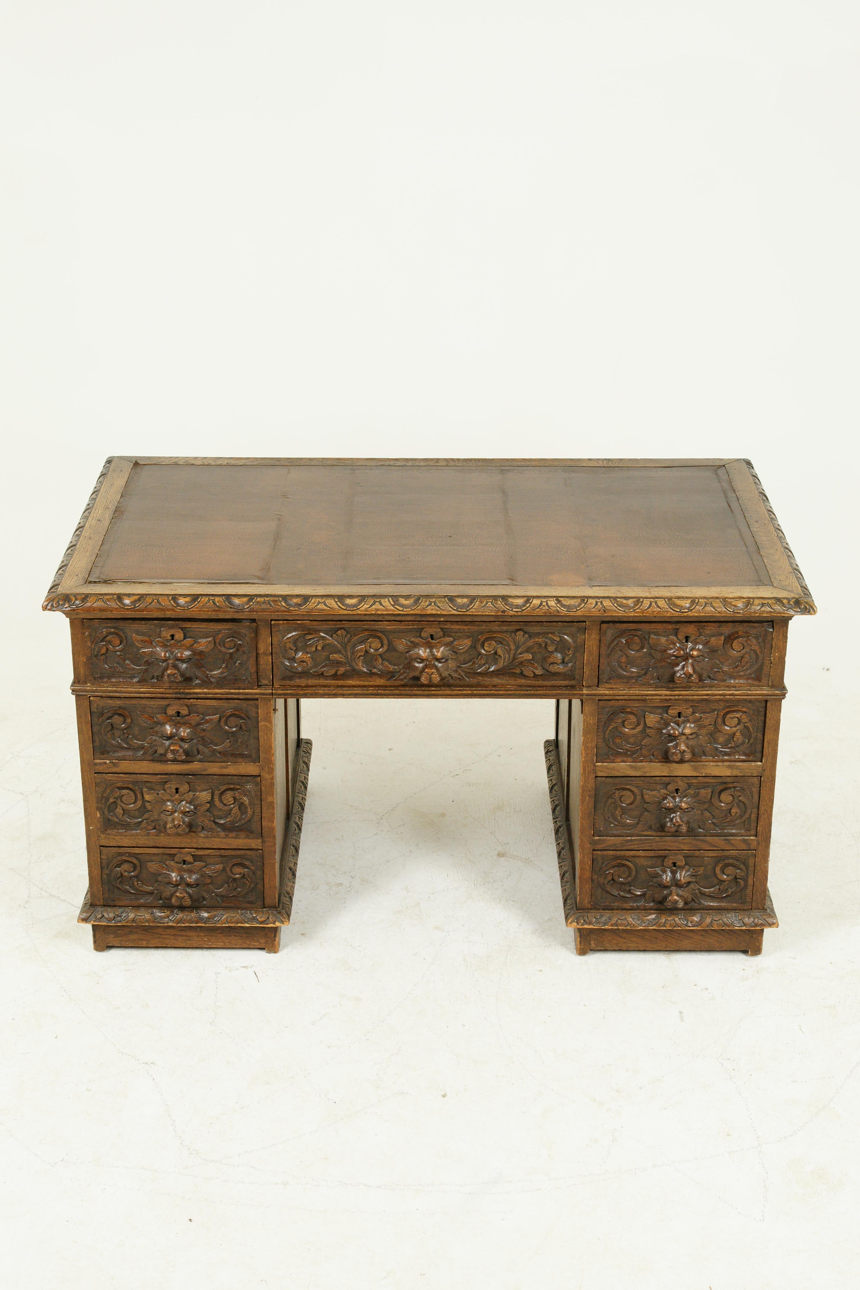 Antique carved desk, double pedestal desk, 