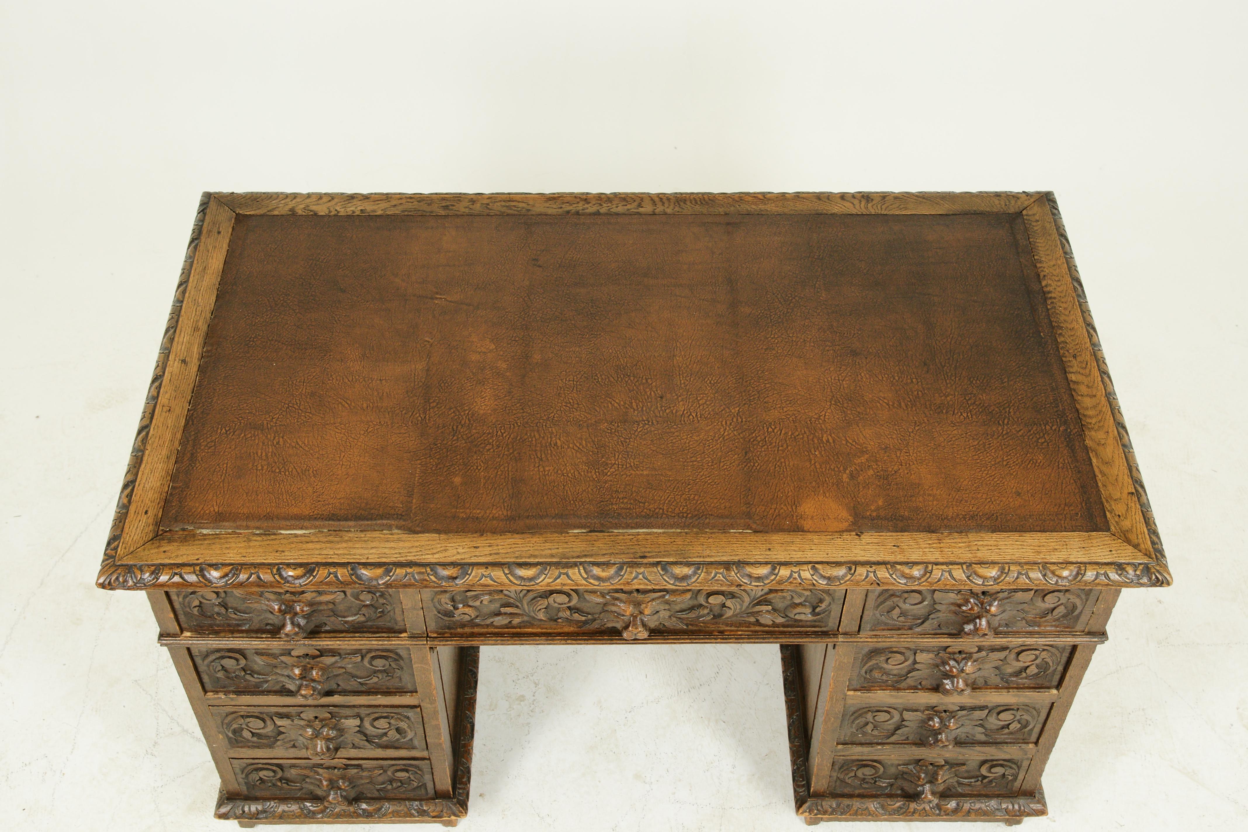 Hand-Carved Antique Carved Desk, Double Pedestal Desk, 