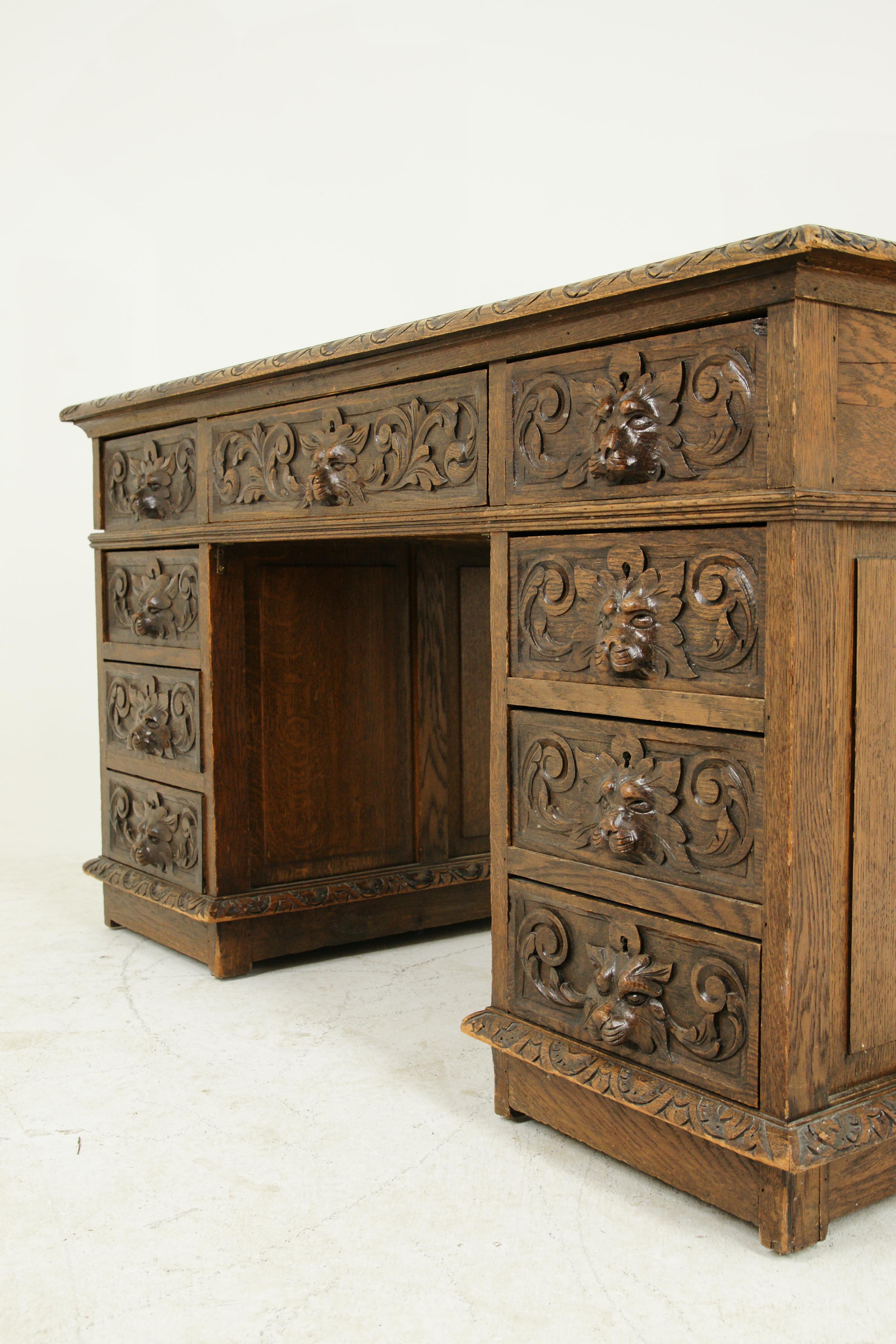 Late 19th Century Antique Carved Desk, Double Pedestal Desk, 