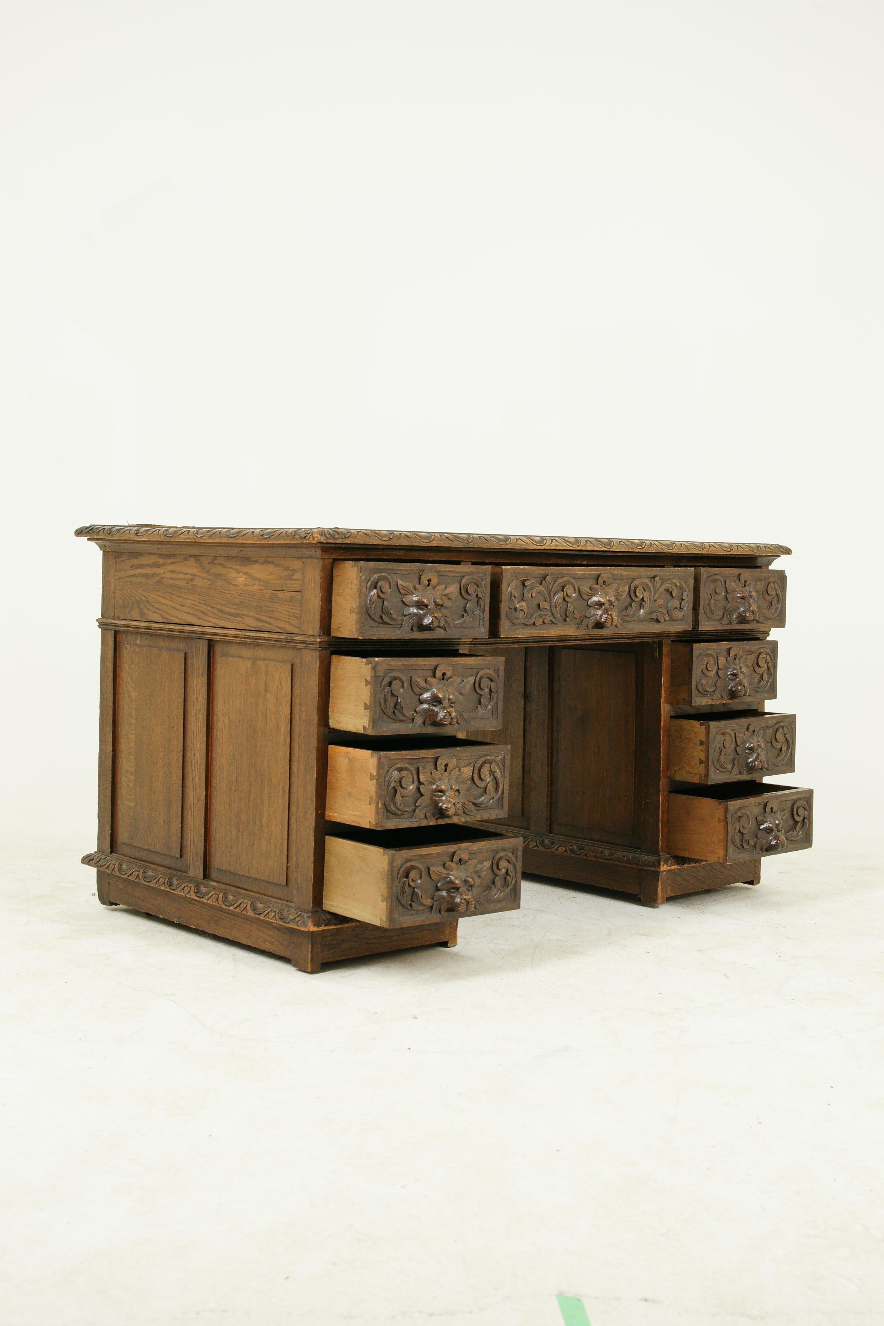 Antique Carved Desk, Double Pedestal Desk, 