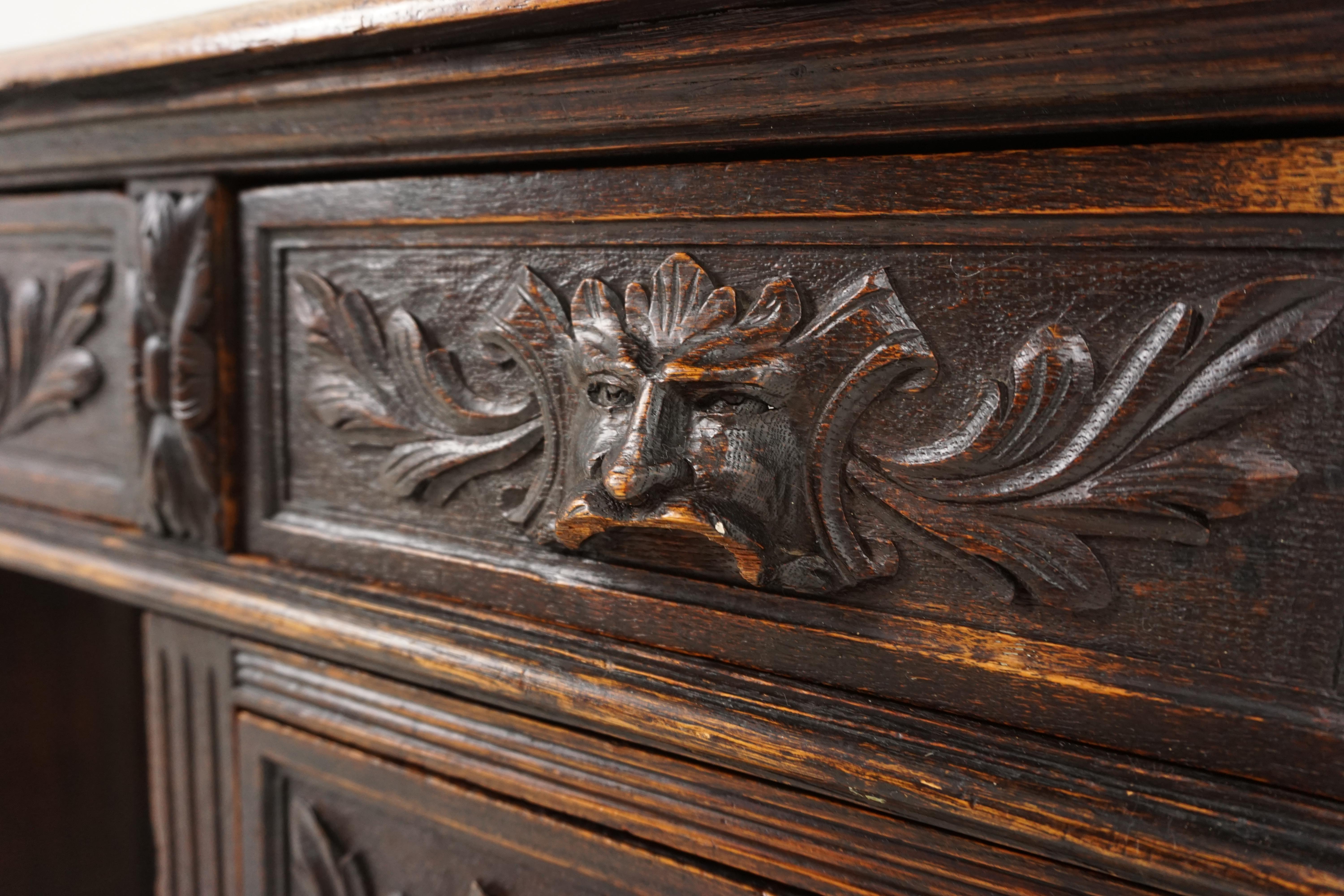 Antique Carved Desk, Victorian Green Man Oak Pedestal Desk, Scotland 1880, B1911 In Good Condition In Vancouver, BC