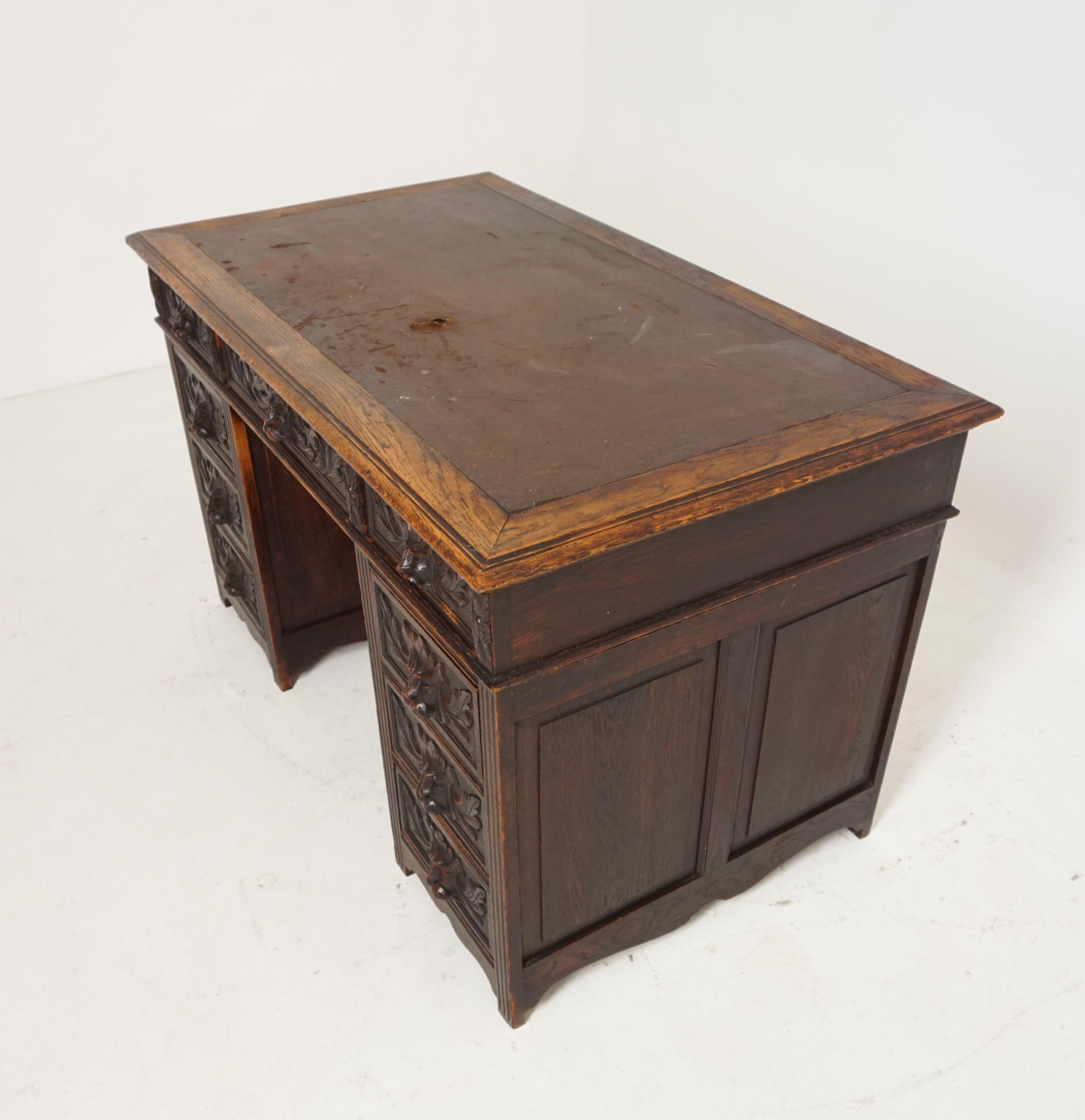 Antique Carved Desk, Victorian Green Man Oak Pedestal Desk, Scotland 1880, B1911 1