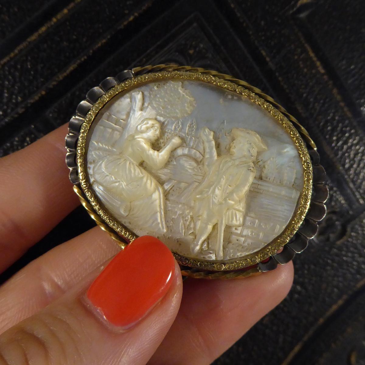Georgian Antique Carved Detailing Mother of Pearl Brooch in Gold and Silver