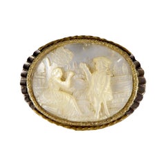Antique Carved Detailing Mother of Pearl Brooch in Gold and Silver
