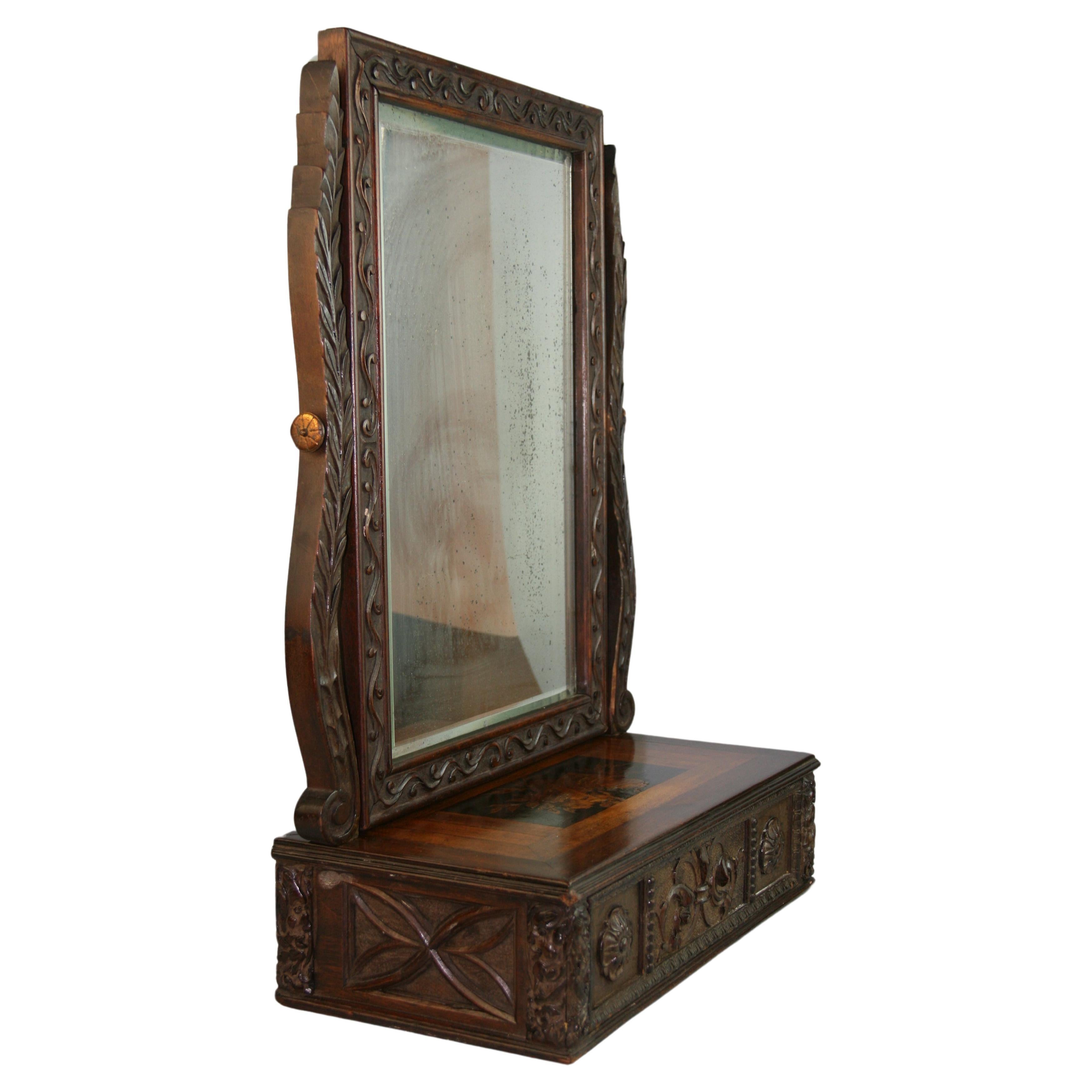 1459 Antique beveled mirror intricately carved table swing mirror with one drawer.
Marquetry on surface
