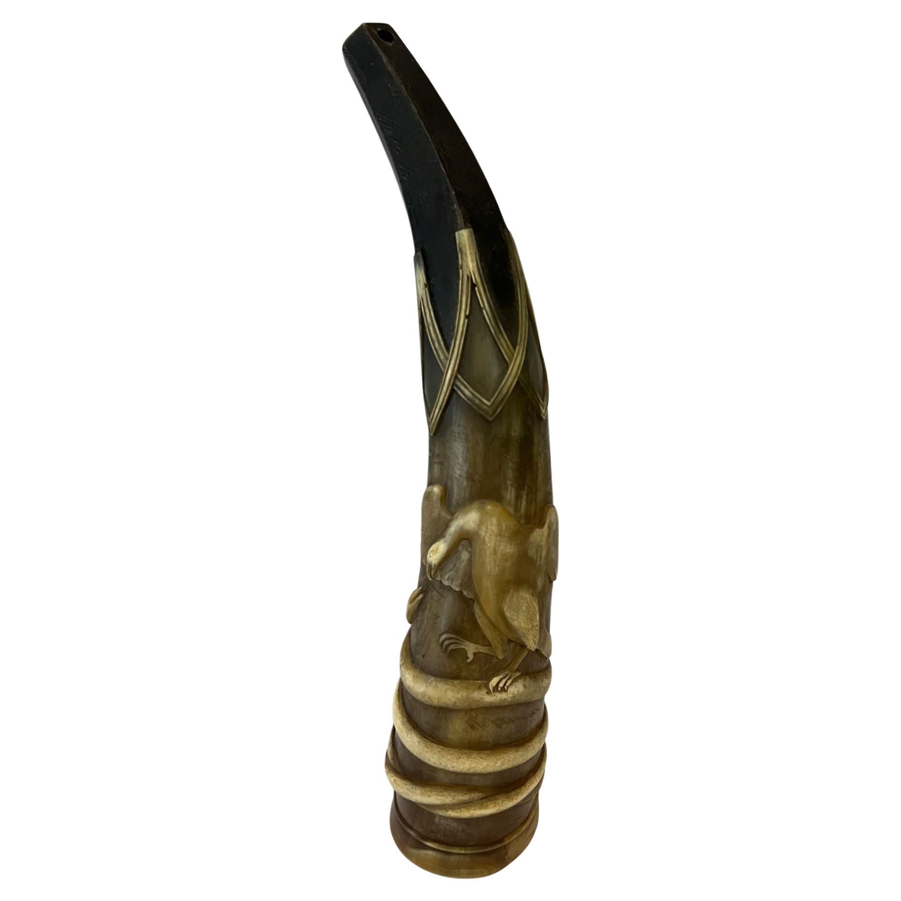 Antique carved drinking horn, from the 19th century, with engraved snake and eagle, good orginal condition