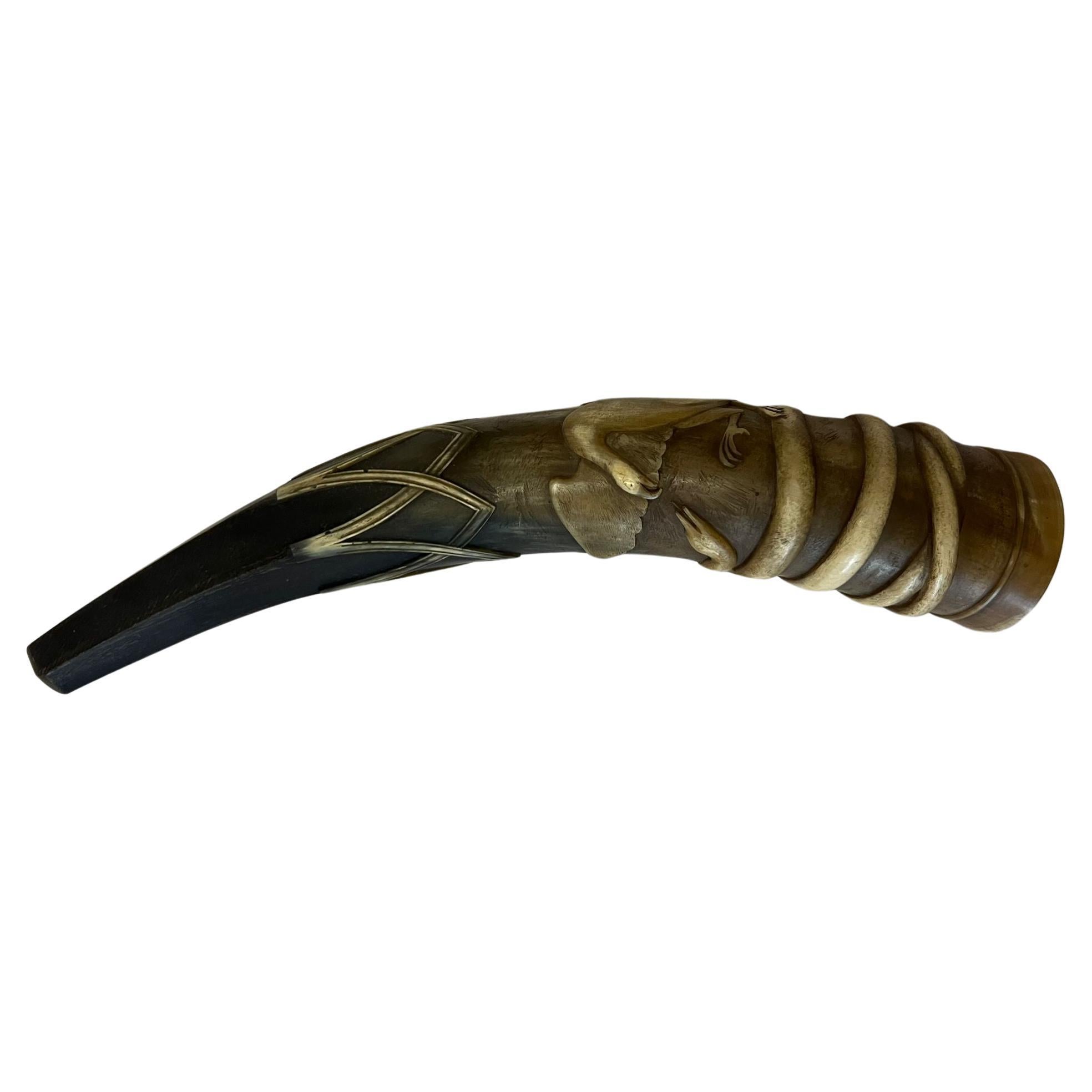 Horn Antique carved drinking horn from the 19th century   For Sale