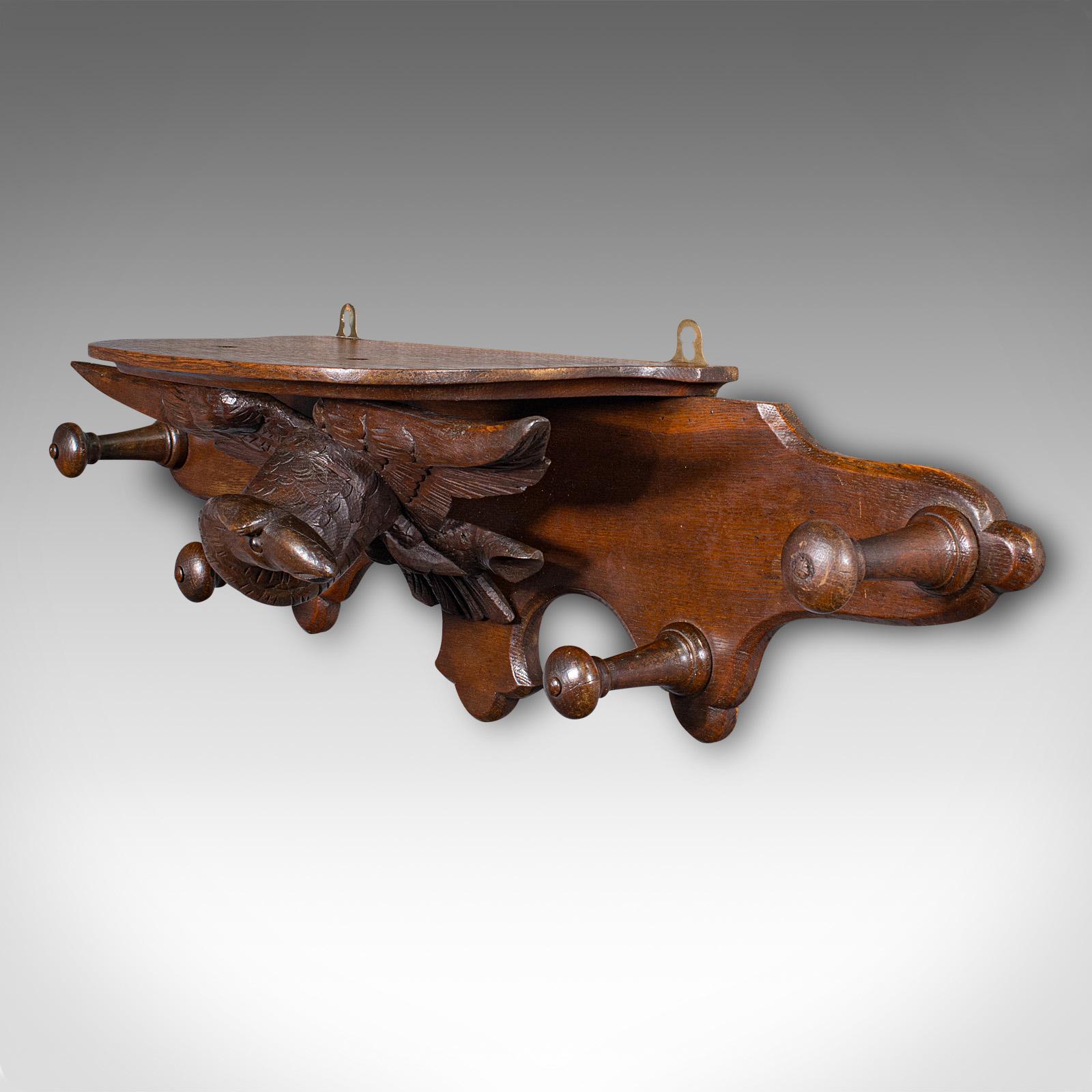 Late Victorian Antique Carved Eagle Coat Rack, Scottish, Oak, Hall Peg Mount, Victorian, C.1900 For Sale