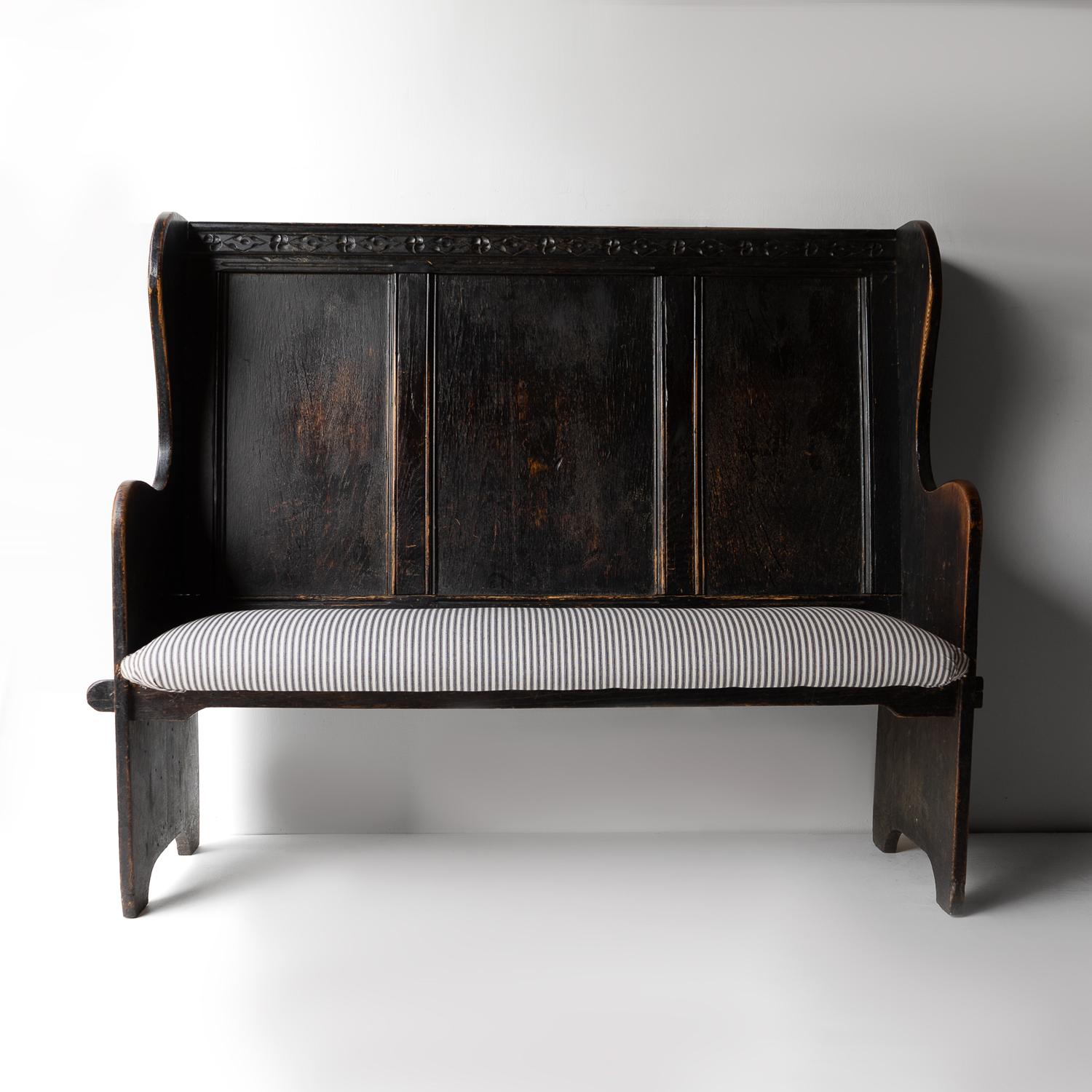 Antique Carved Ebonised Oak Settle, Bench With Upholstered Seat, 19th Century 7